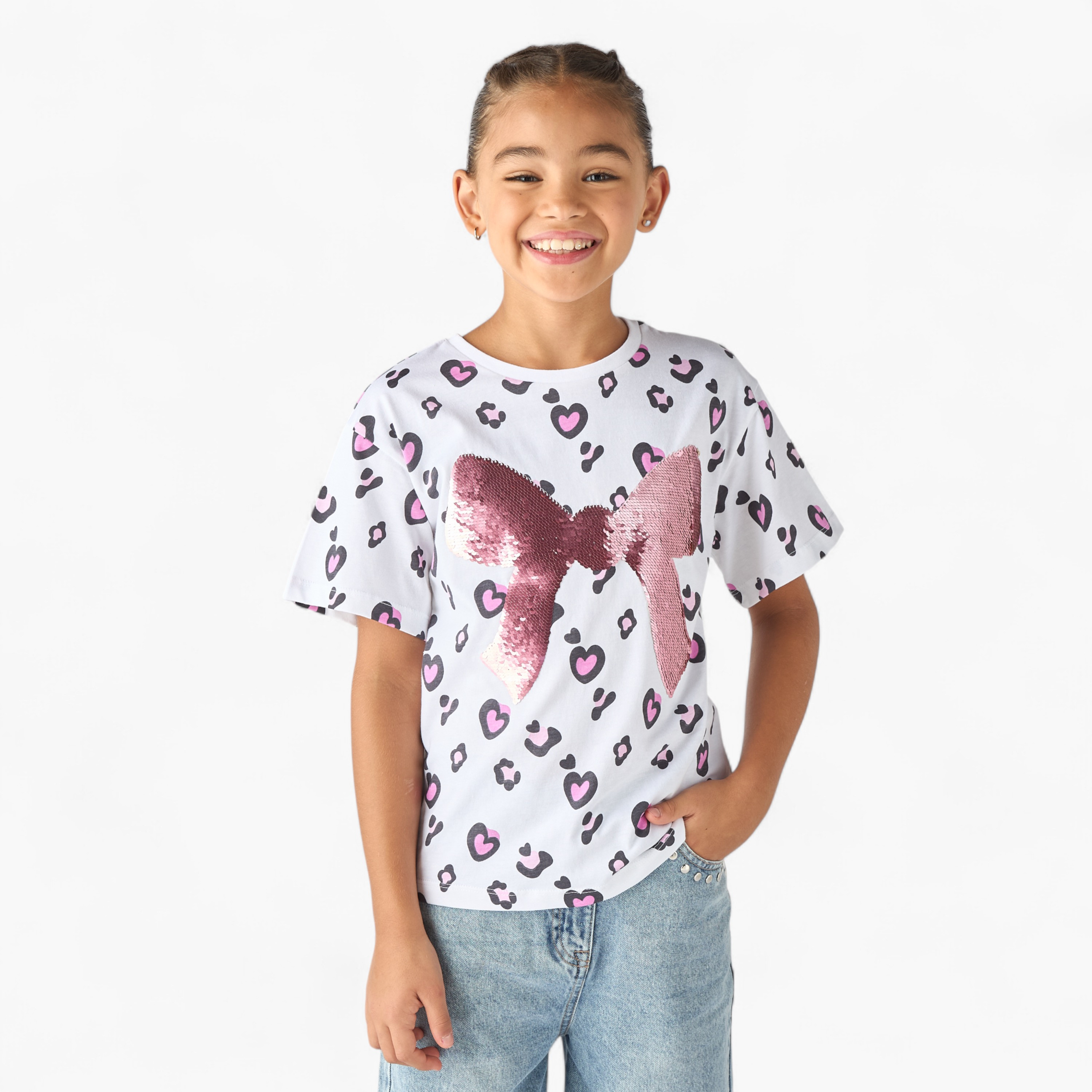 تيشيرت بأكمام قصيرة وتزيينات فيونكة من جونيورز-girls-clothing-tshirts-image-1