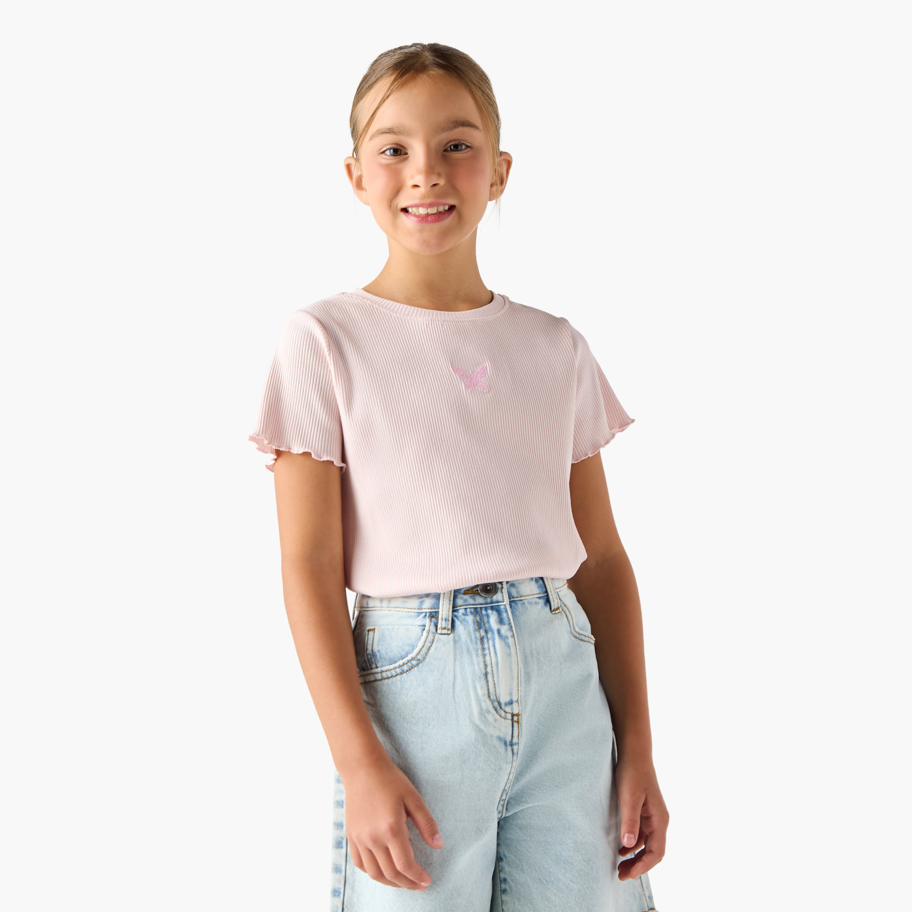 Juniors Ribbed T-shirt with Crew Neck and Lettuce Hem-girls-clothing-tshirts-image-1