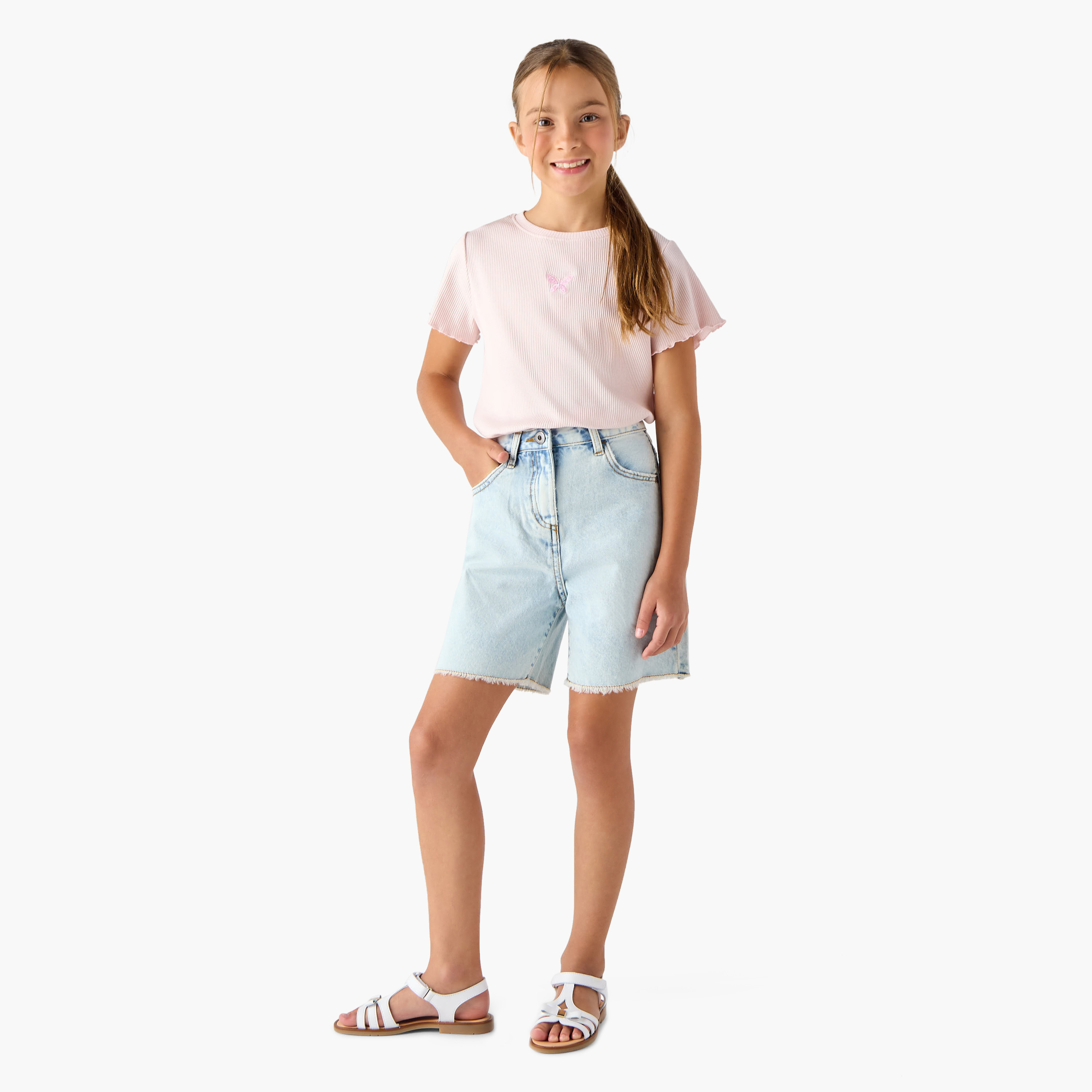 Juniors Ribbed T-shirt with Crew Neck and Lettuce Hem-girls-clothing-tshirts-image-2