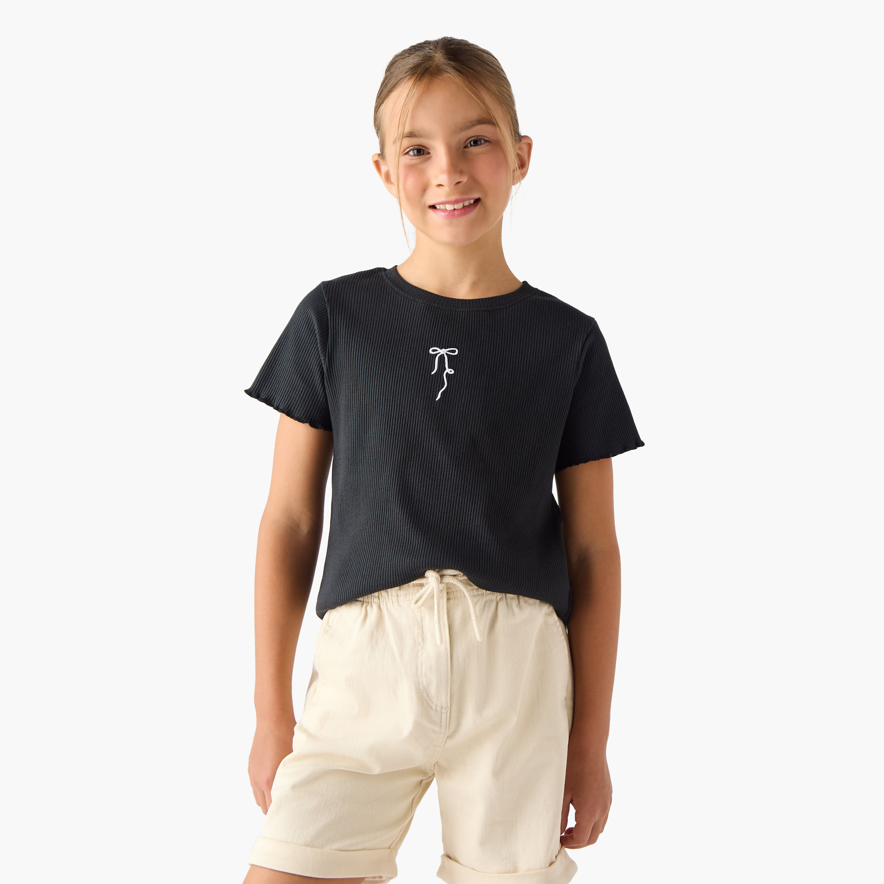 Juniors Ribbed T-shirt with Crew Neck and Lettuce Hem-girls-clothing-tshirts-image-1