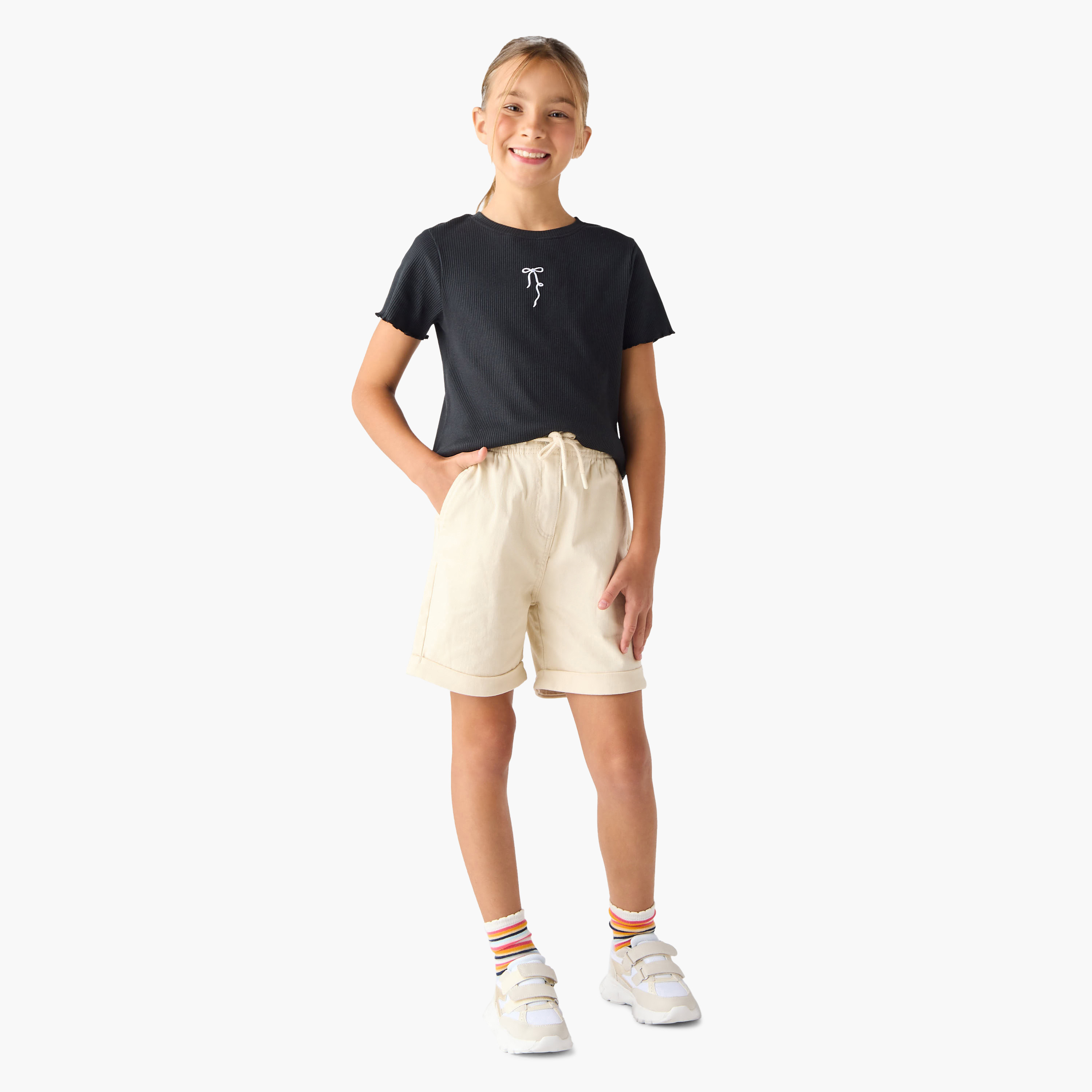 Juniors Ribbed T-shirt with Crew Neck and Lettuce Hem-girls-clothing-tshirts-image-2