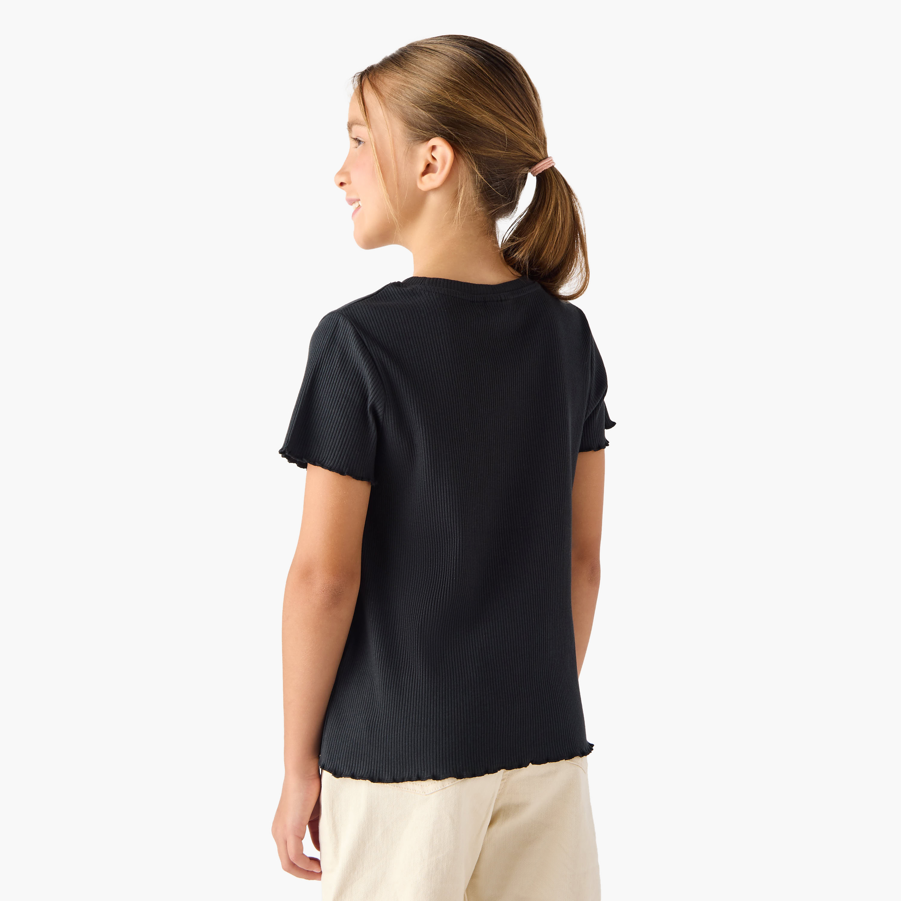 Juniors Ribbed T-shirt with Crew Neck and Lettuce Hem-girls-clothing-tshirts-image-3