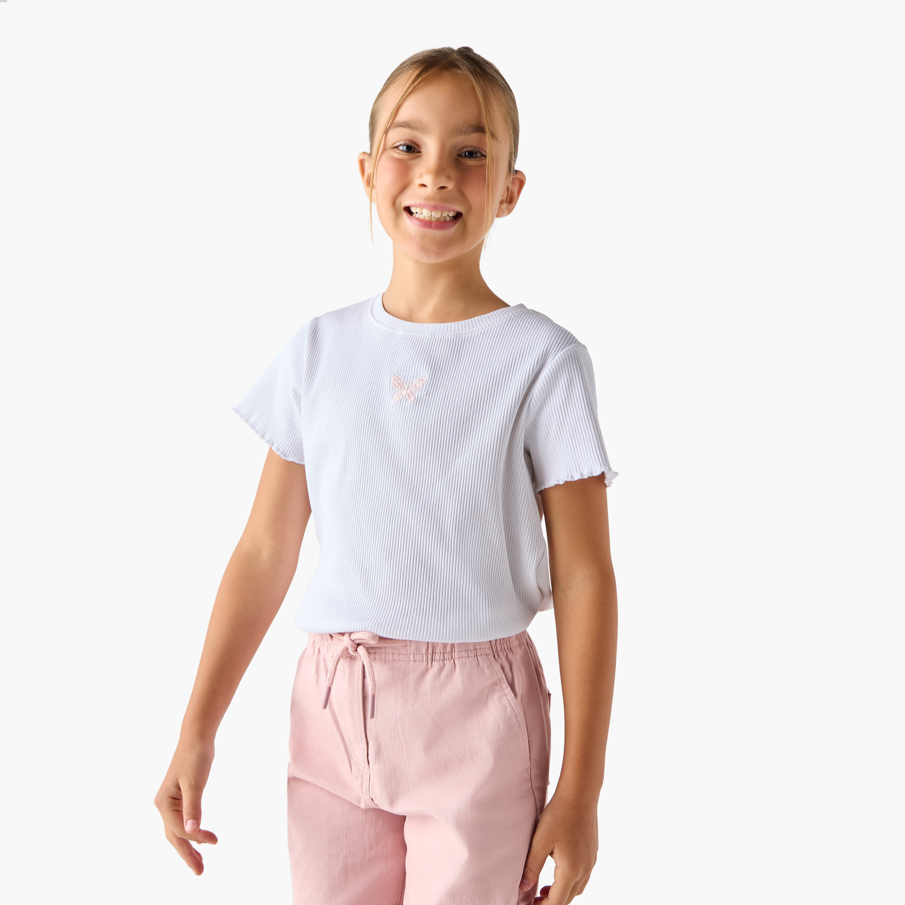 Juniors Ribbed T-shirt with Crew Neck and Lettuce Hem-girls-clothing-tshirts-image-1