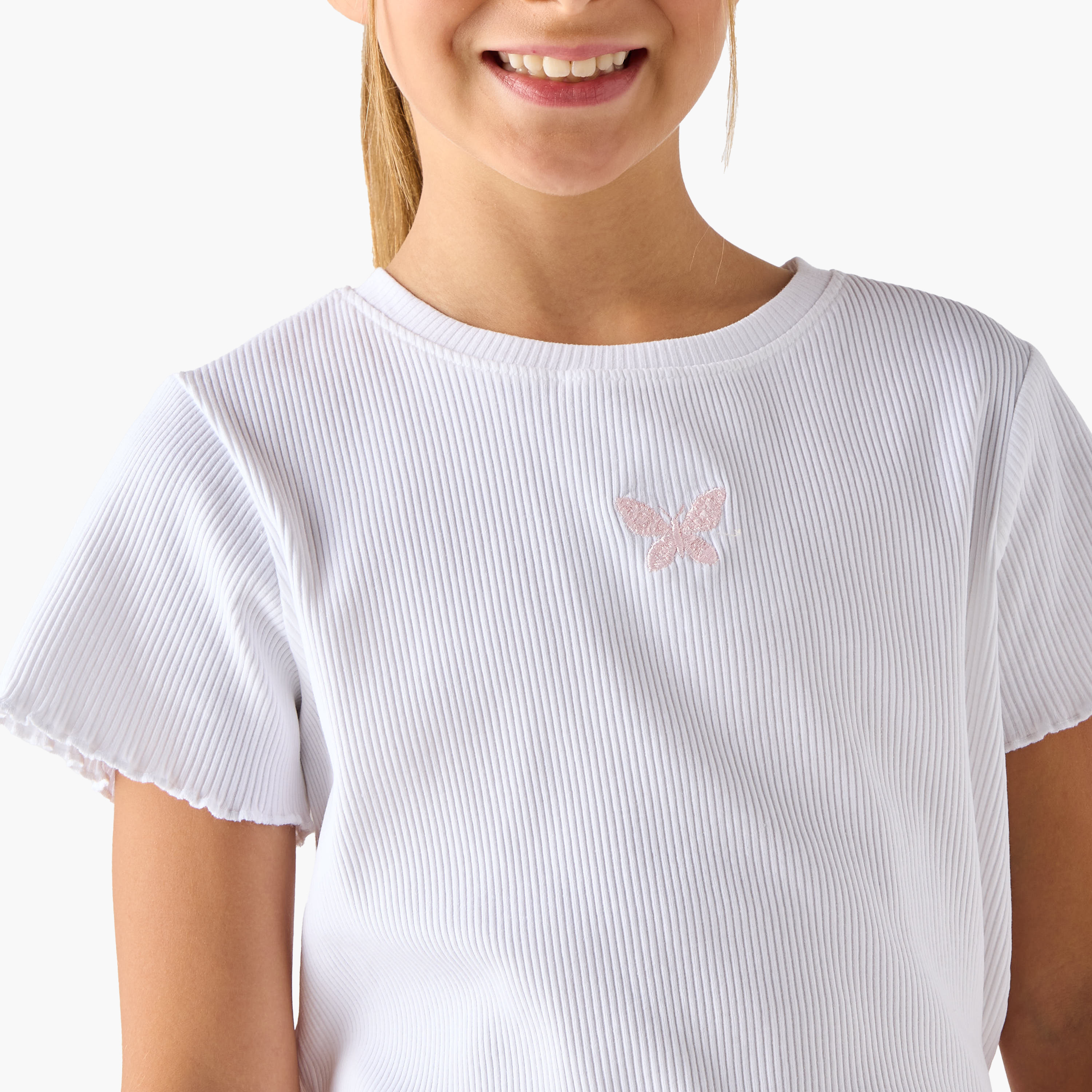 Juniors Ribbed T-shirt with Crew Neck and Lettuce Hem-girls-clothing-tshirts-image-4