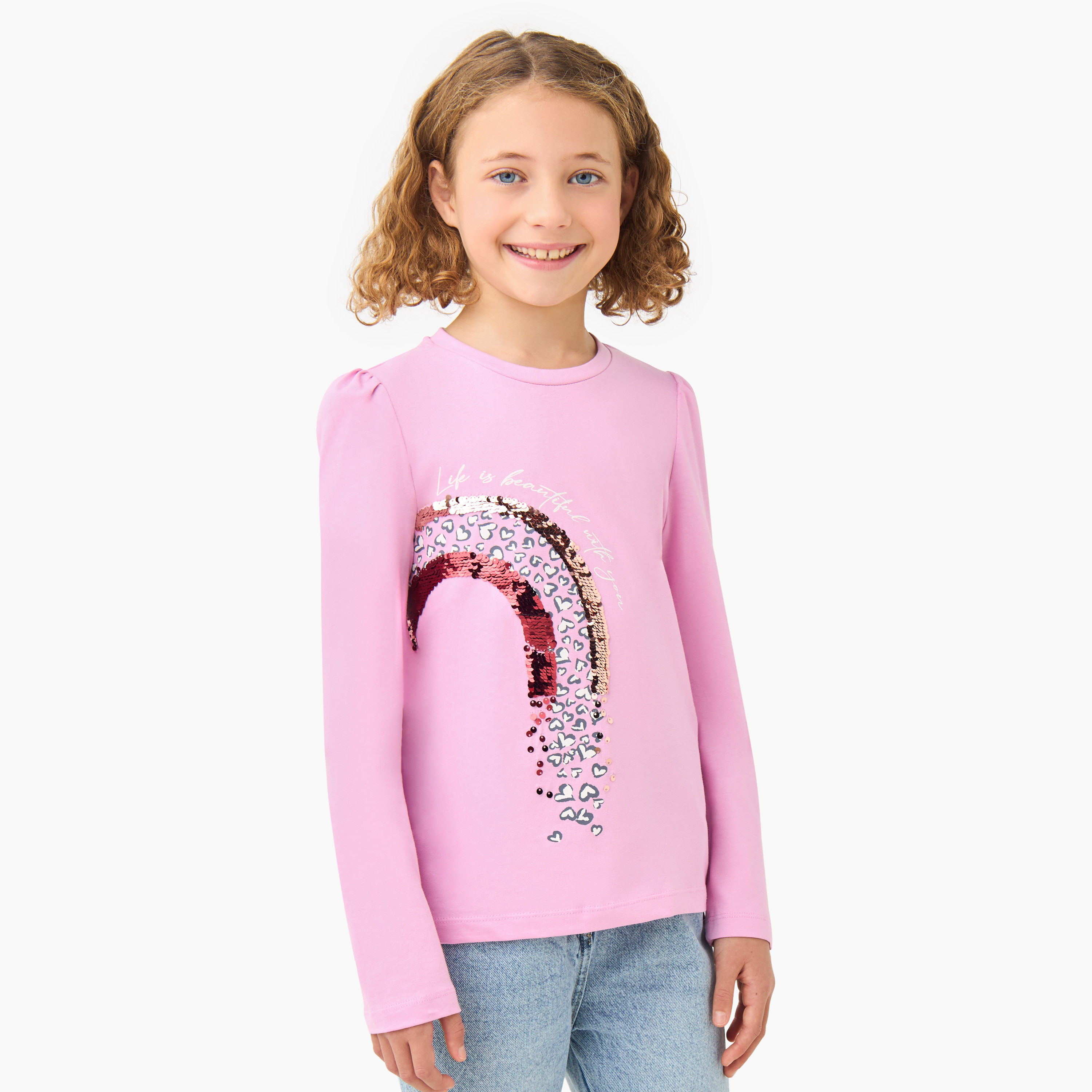 سويت شيرت قطن بياقة ضيقة وأكمام طويلة وتزيينات قوس قزح بالترتر للبنات من جونيورز-girls-clothing-tshirts-image-1
