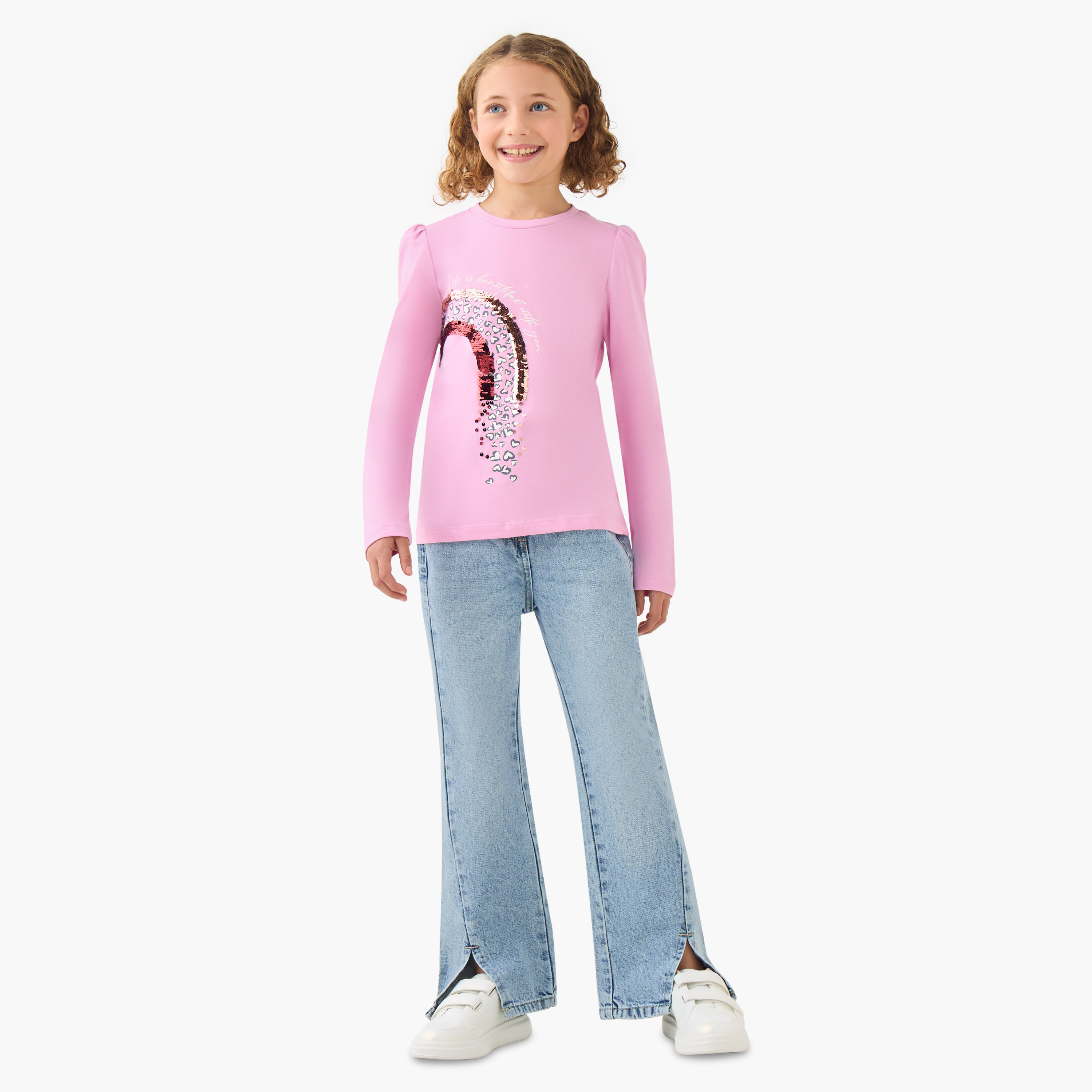 سويت شيرت قطن بياقة ضيقة وأكمام طويلة وتزيينات قوس قزح بالترتر للبنات من جونيورز-girls-clothing-tshirts-image-2