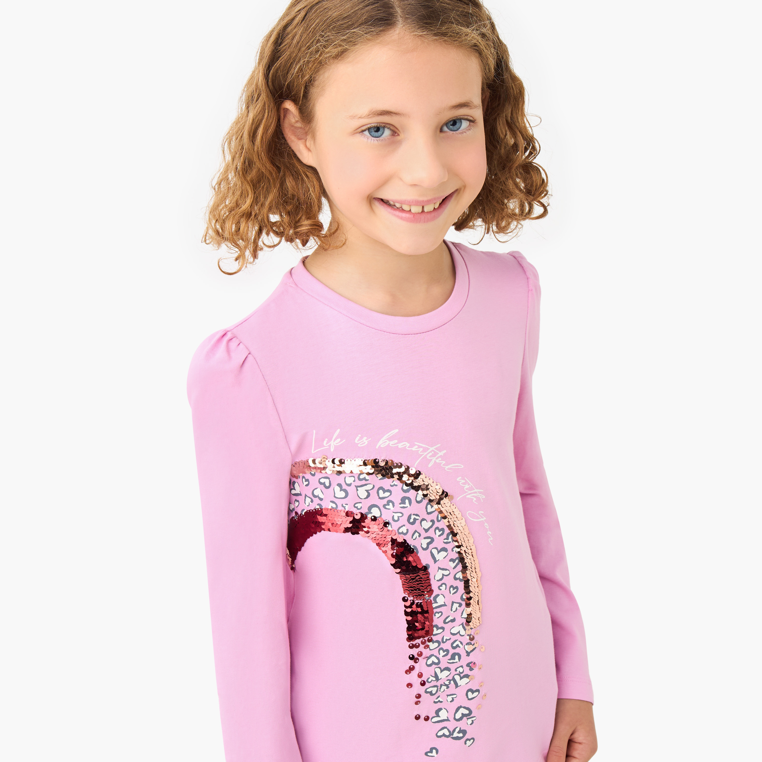 سويت شيرت قطن بياقة ضيقة وأكمام طويلة وتزيينات قوس قزح بالترتر للبنات من جونيورز-girls-clothing-tshirts-image-4