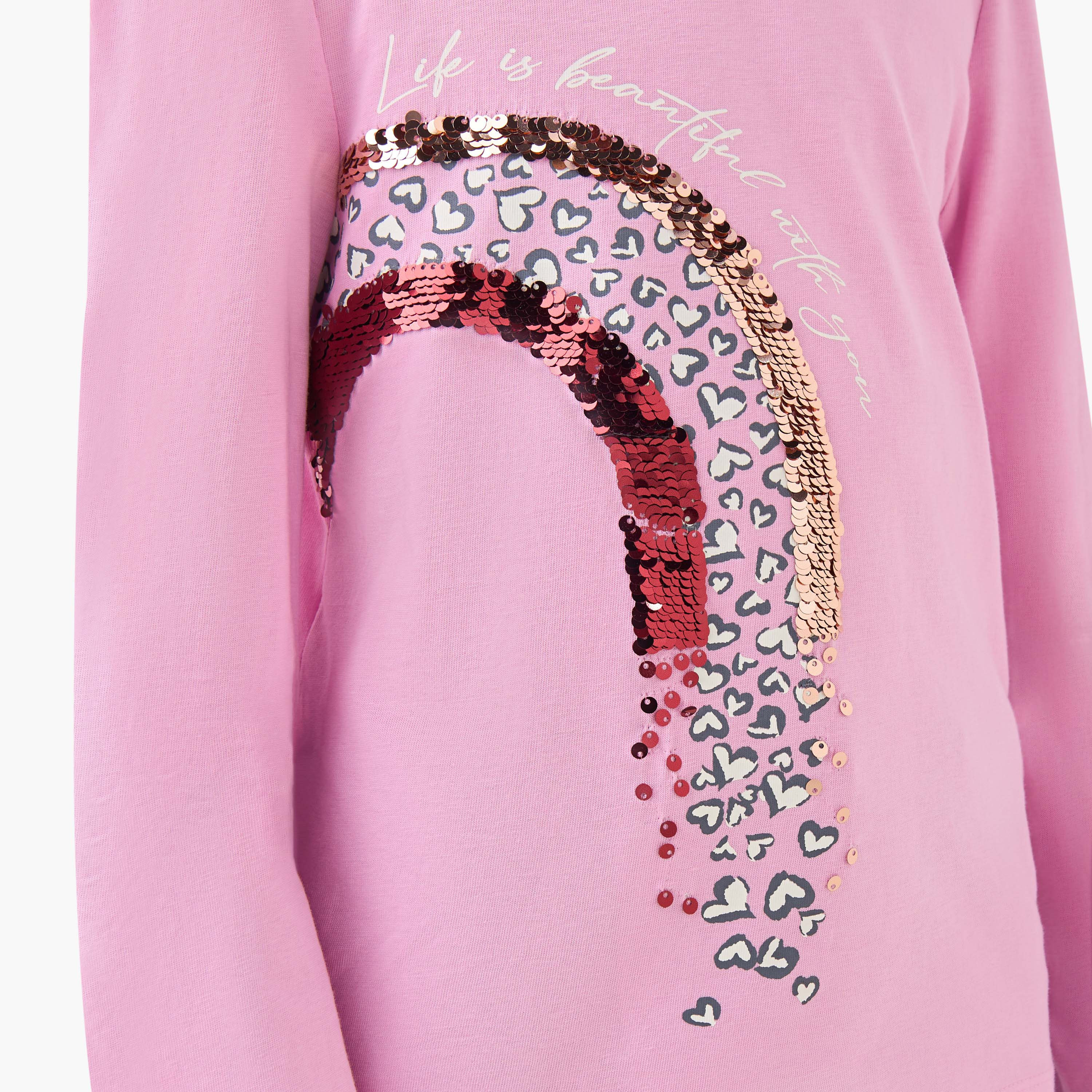 سويت شيرت قطن بياقة ضيقة وأكمام طويلة وتزيينات قوس قزح بالترتر للبنات من جونيورز-girls-clothing-tshirts-image-5