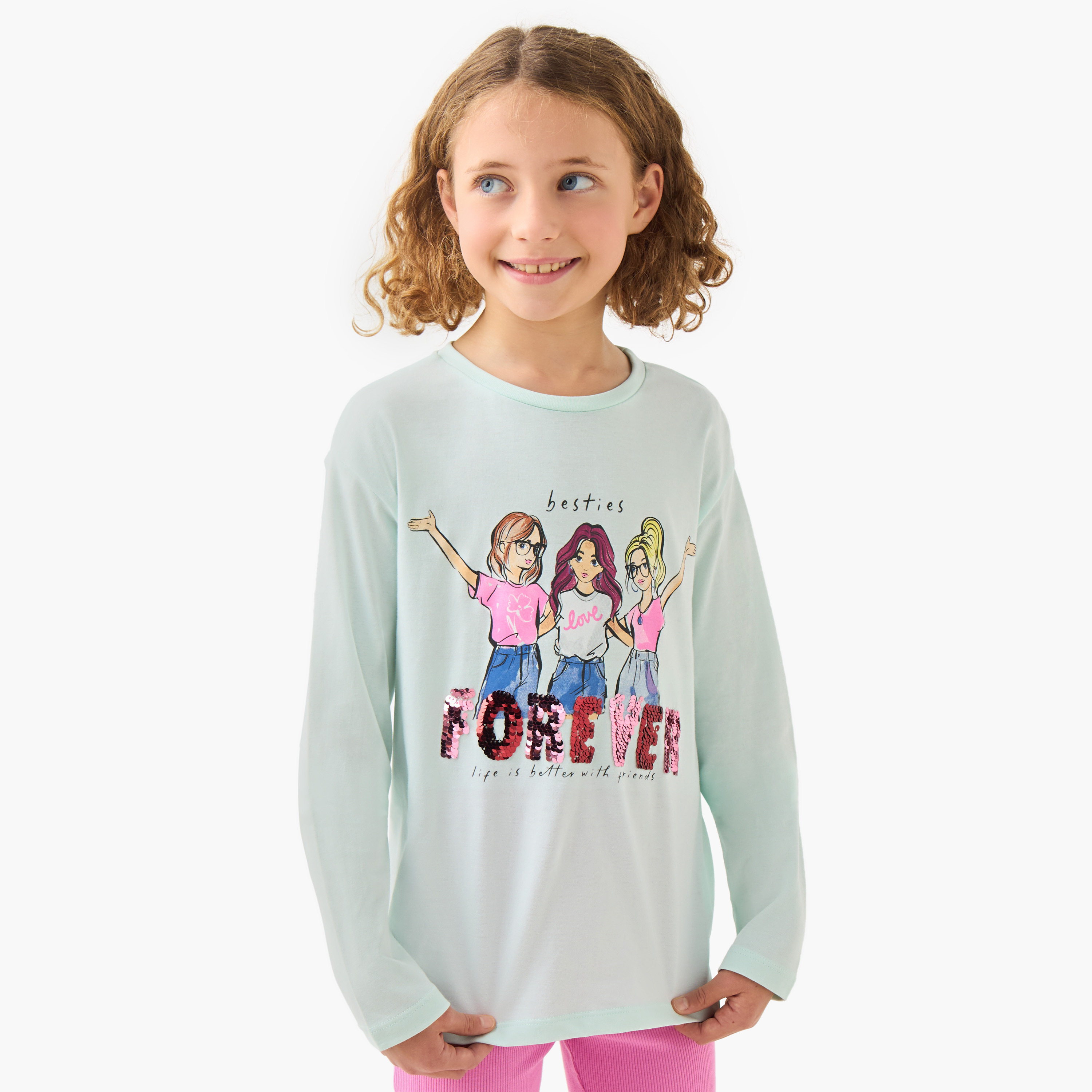 Juniors Girls Crew Neck T-shirt with Graphic Print - Cotton - Long Sleeves-girls-clothing-tshirts-image-1