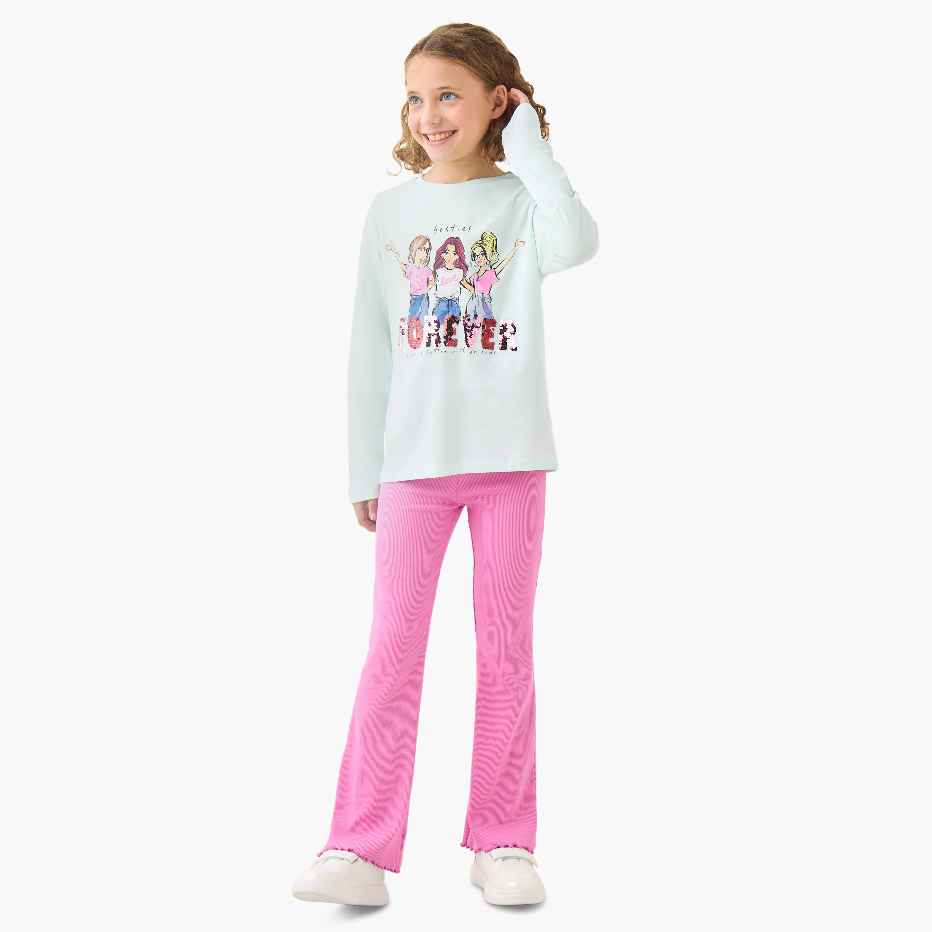 Juniors Girls Crew Neck T-shirt with Graphic Print - Cotton - Long Sleeves-girls-clothing-tshirts-image-2