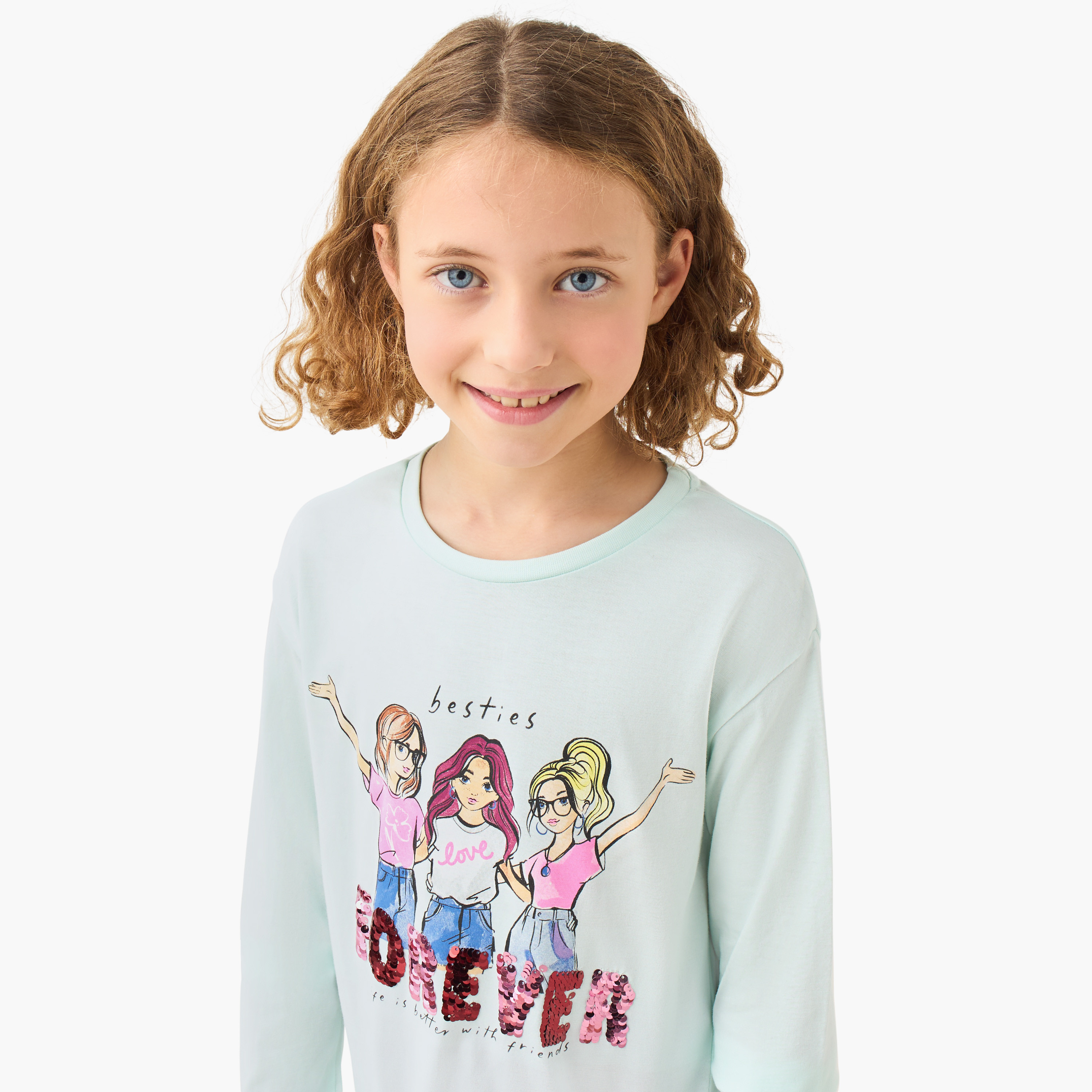 Juniors Girls Crew Neck T-shirt with Graphic Print - Cotton - Long Sleeves-girls-clothing-tshirts-image-4