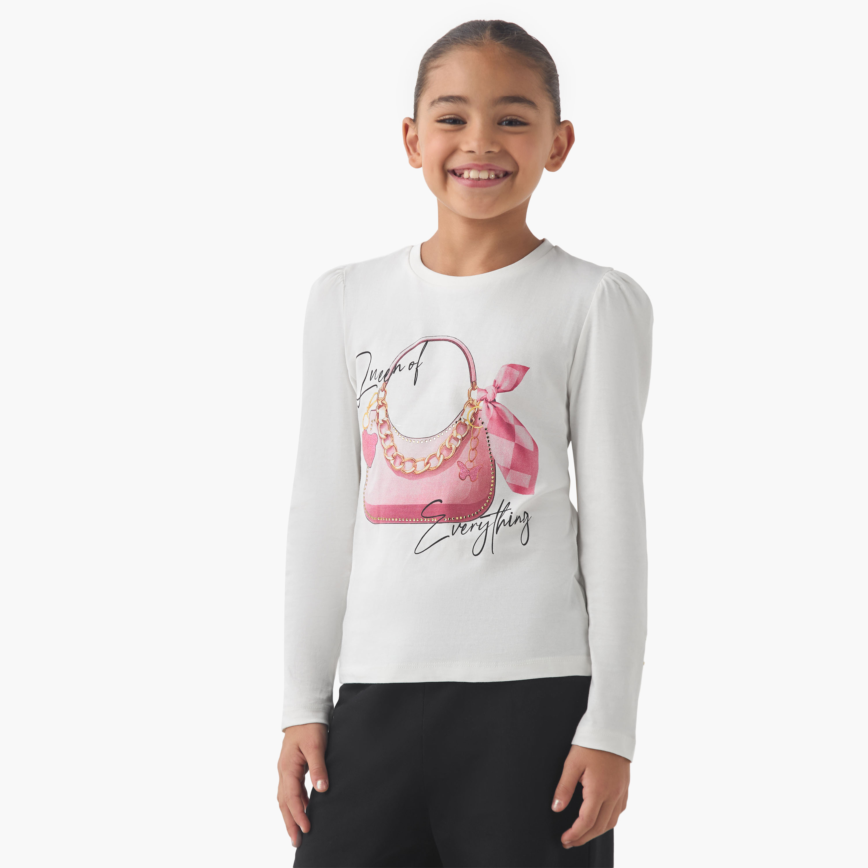 Juniors Girls Crew Neck T-shirt with Embellished Detail - Cotton - Long Sleeves-girls-clothing-tshirts-image-1