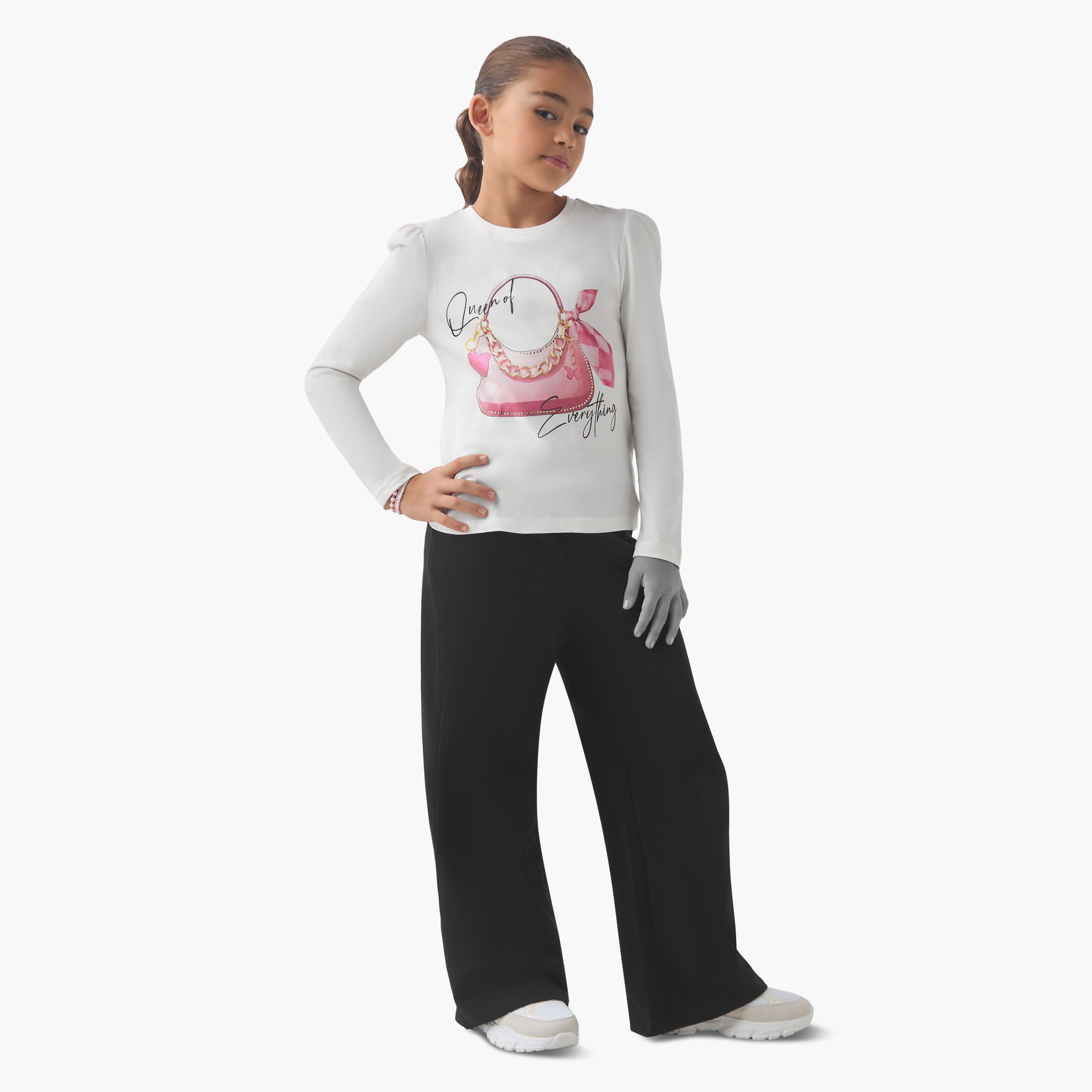 Juniors Girls Crew Neck T-shirt with Embellished Detail - Cotton - Long Sleeves-girls-clothing-tshirts-image-2