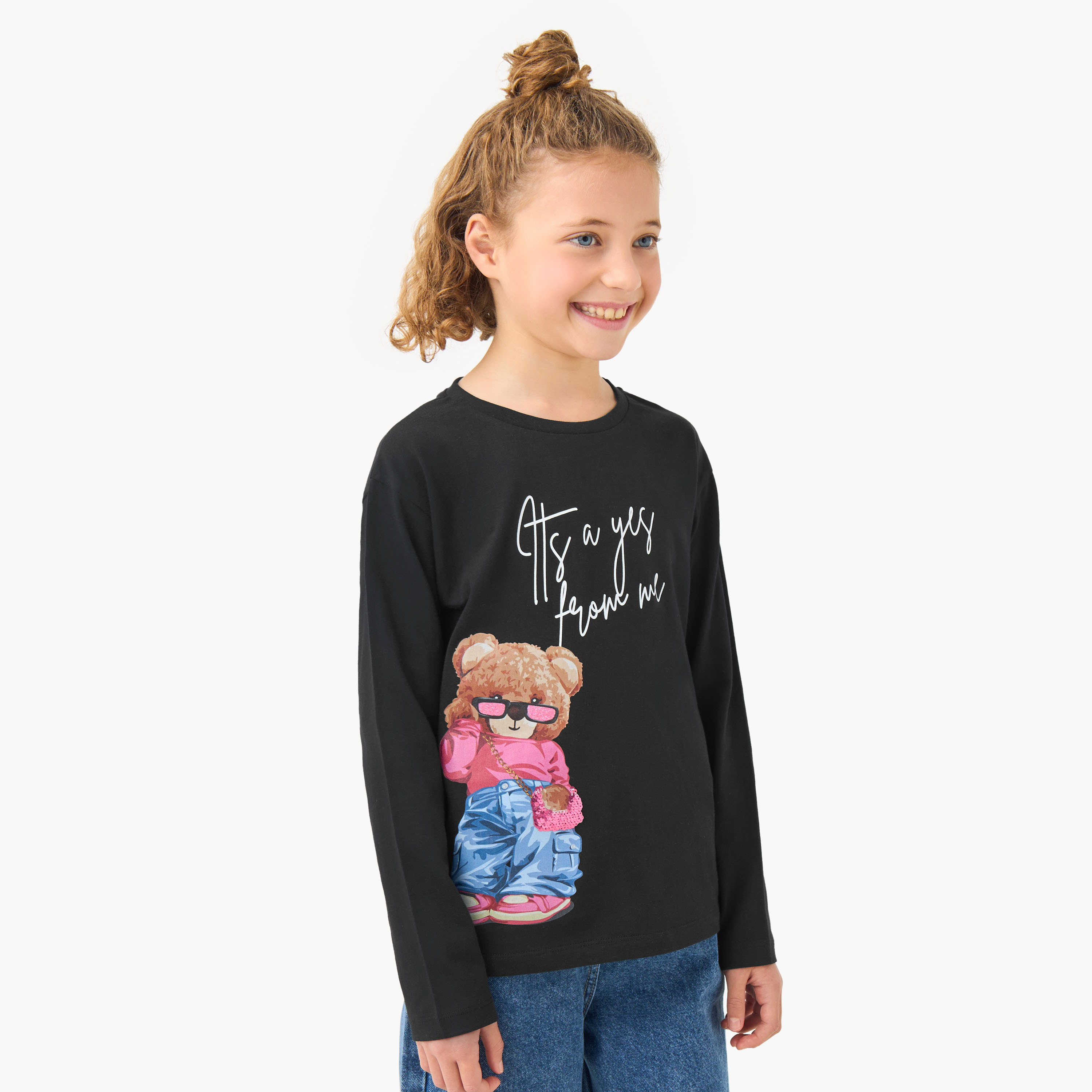 Juniors Girls Round Neck T-shirt with Bear Print - Cotton - Long Sleeves-girls-clothing-tshirts-image-1