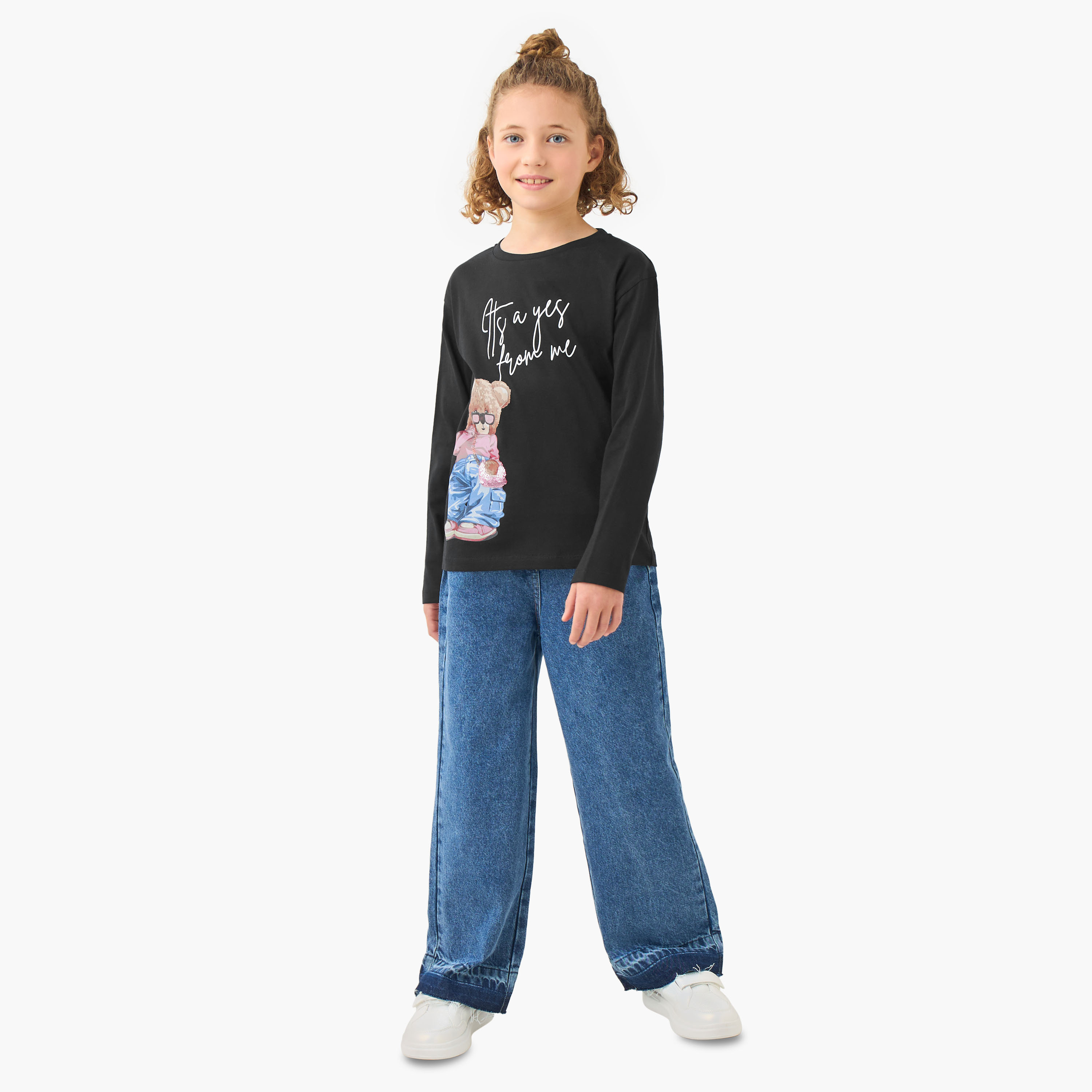 Juniors Girls Round Neck T-shirt with Bear Print - Cotton - Long Sleeves-girls-clothing-tshirts-image-2