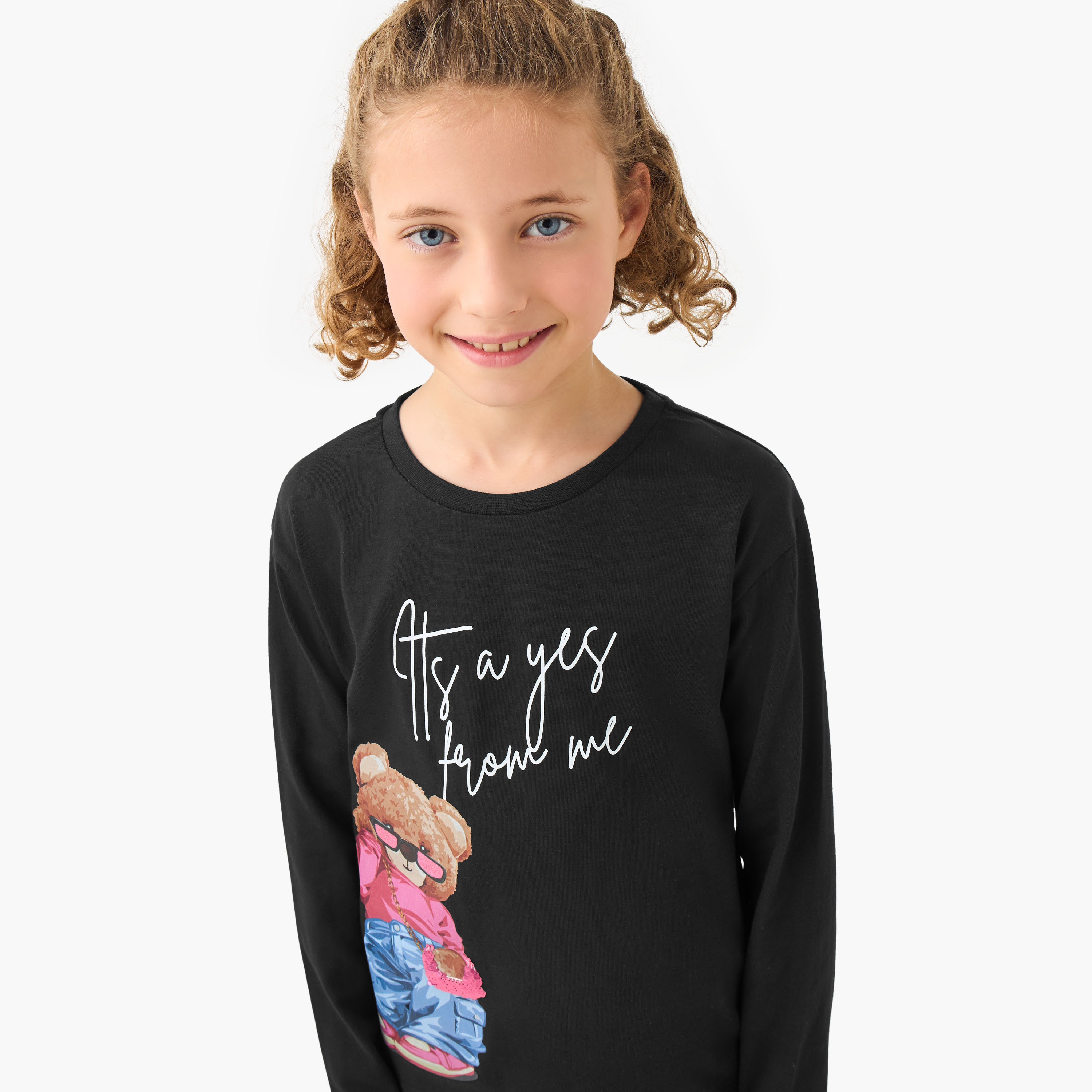 Juniors Girls Round Neck T-shirt with Bear Print - Cotton - Long Sleeves-girls-clothing-tshirts-image-4