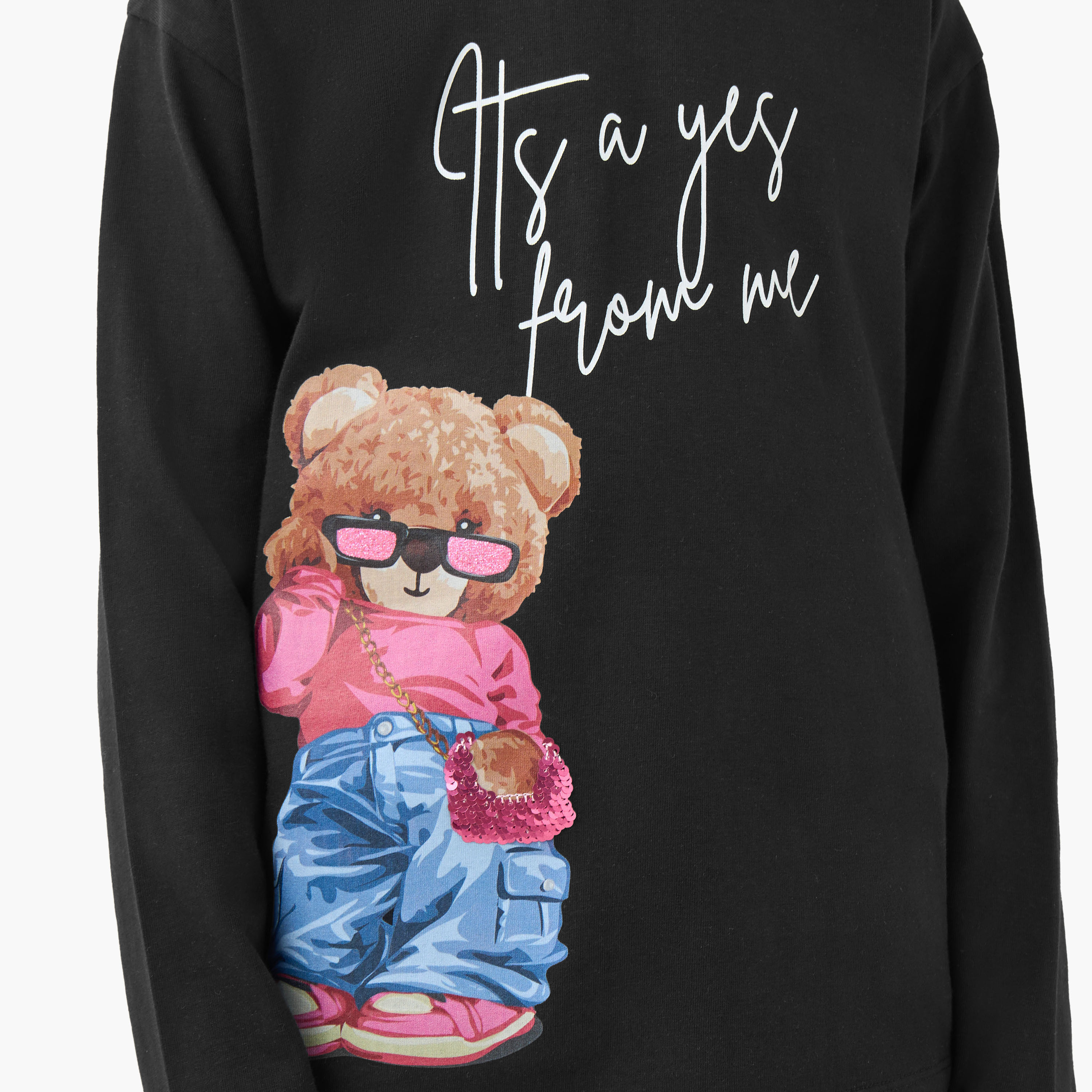 Juniors Girls Round Neck T-shirt with Bear Print - Cotton - Long Sleeves-girls-clothing-tshirts-image-5