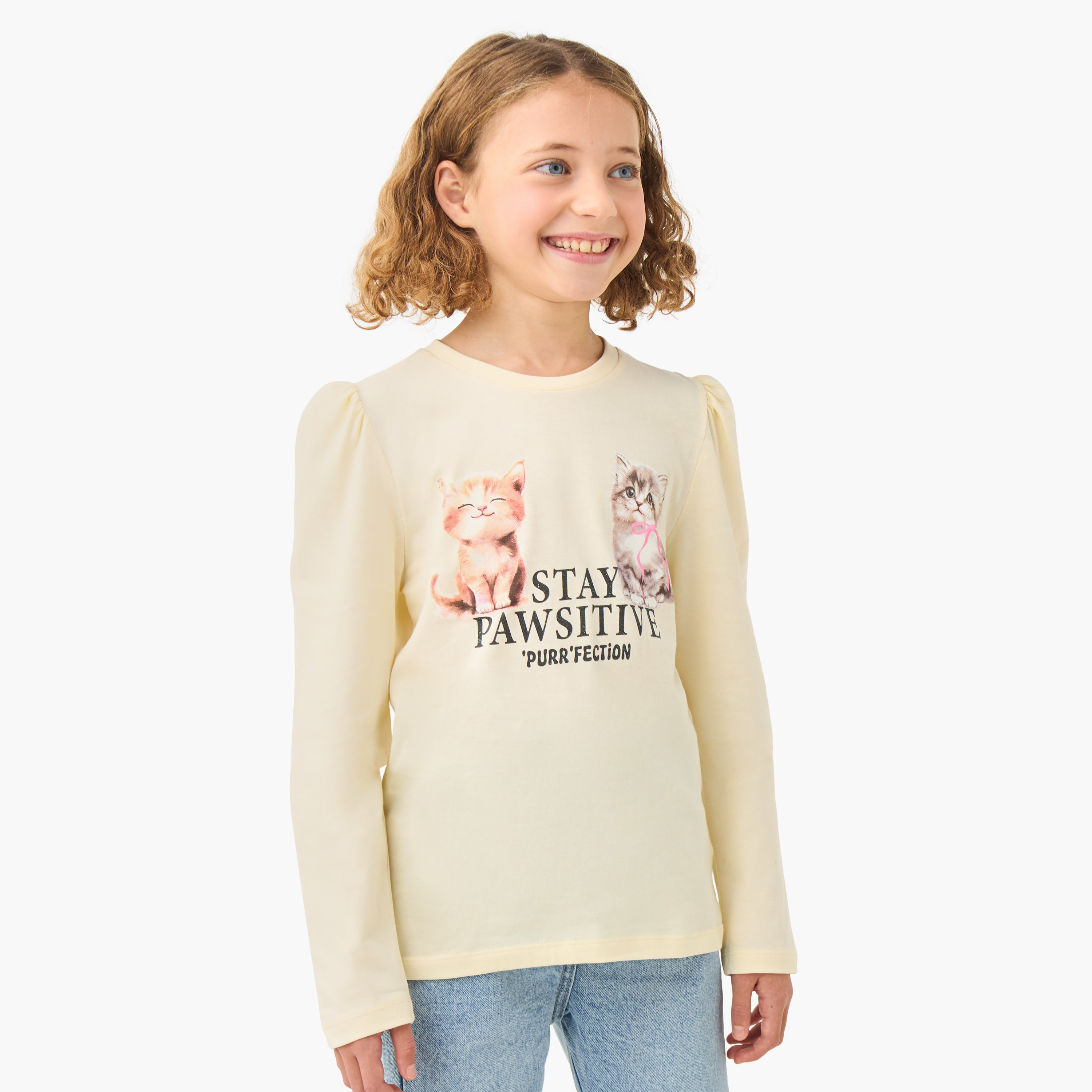 Juniors Girls Crew Neck with Cat Print - Cotton - Long Sleeves-girls-clothing-tshirts-image-1