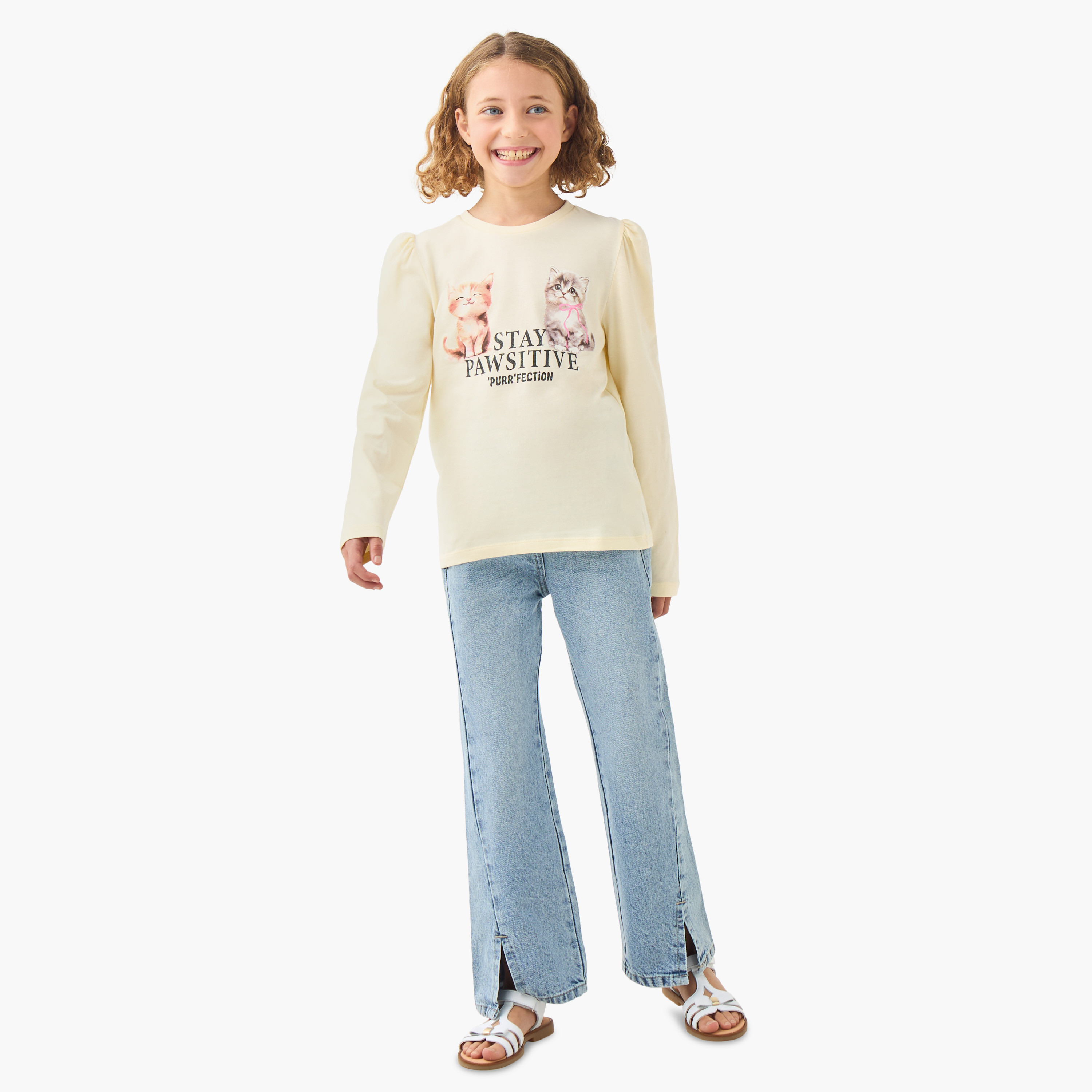 Juniors Girls Crew Neck with Cat Print - Cotton - Long Sleeves-girls-clothing-tshirts-image-2