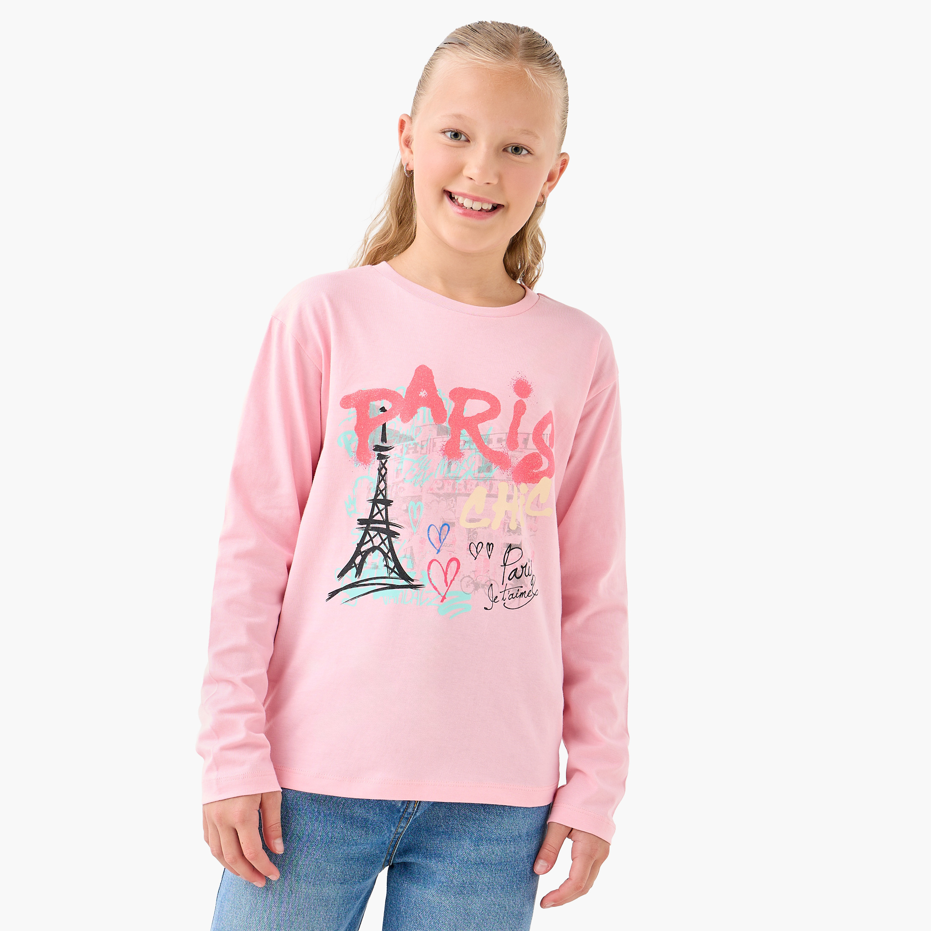 Juniors Girls Crew Neck T-shirt with Graphic Print - Cotton - Long Sleeves-girls-clothing-tshirts-image-1
