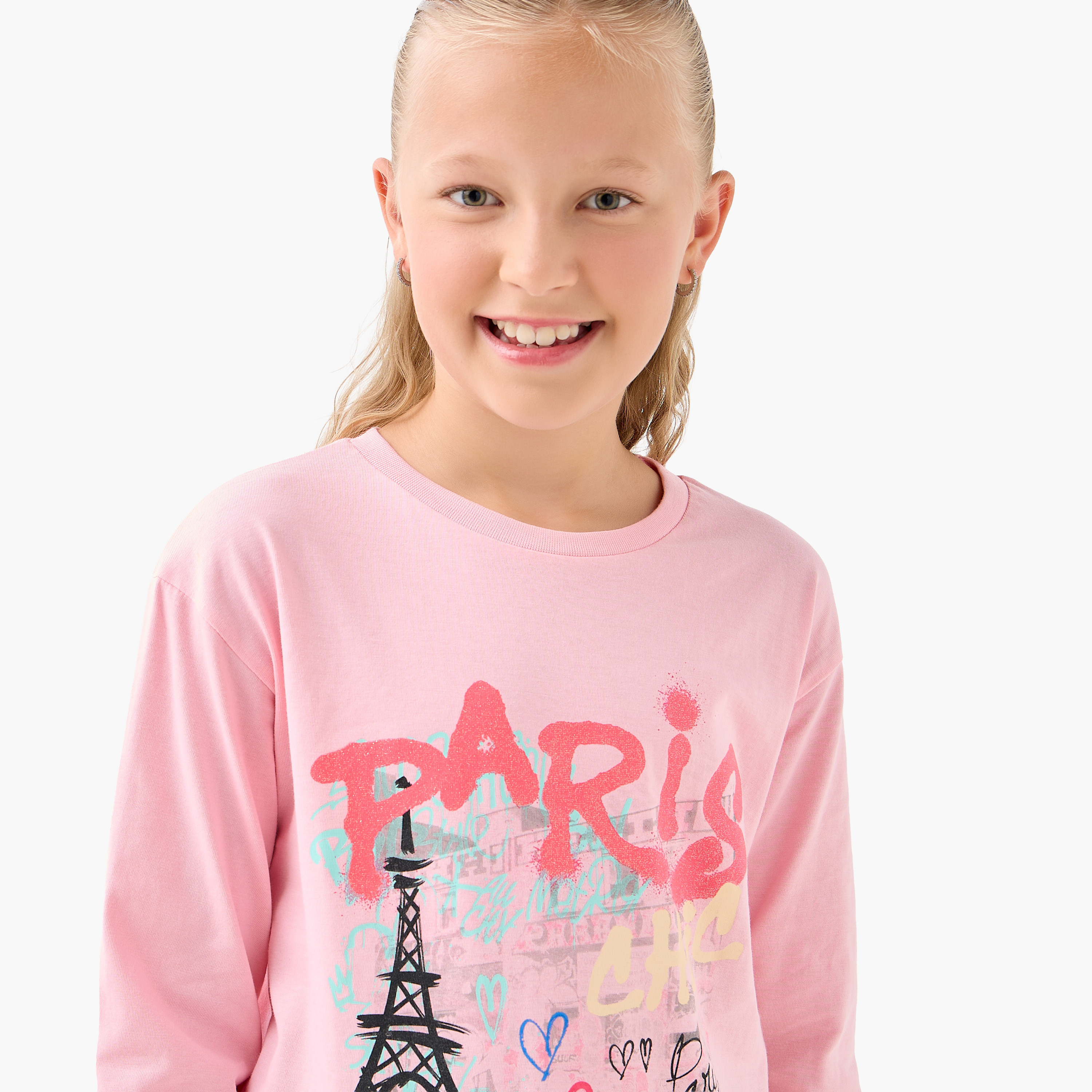 Juniors Girls Crew Neck T-shirt with Graphic Print - Cotton - Long Sleeves-girls-clothing-tshirts-image-4