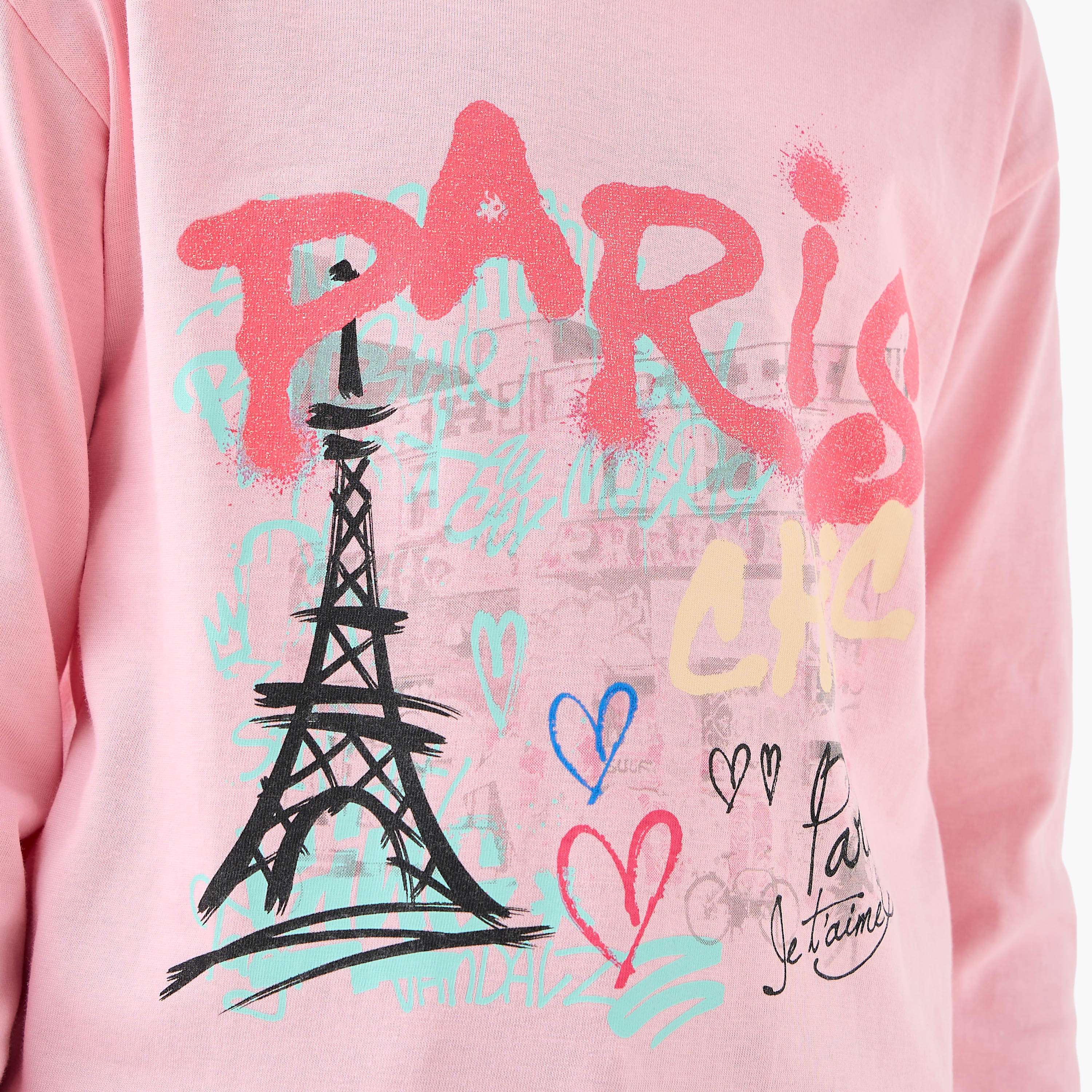 Juniors Girls Crew Neck T-shirt with Graphic Print - Cotton - Long Sleeves-girls-clothing-tshirts-image-5