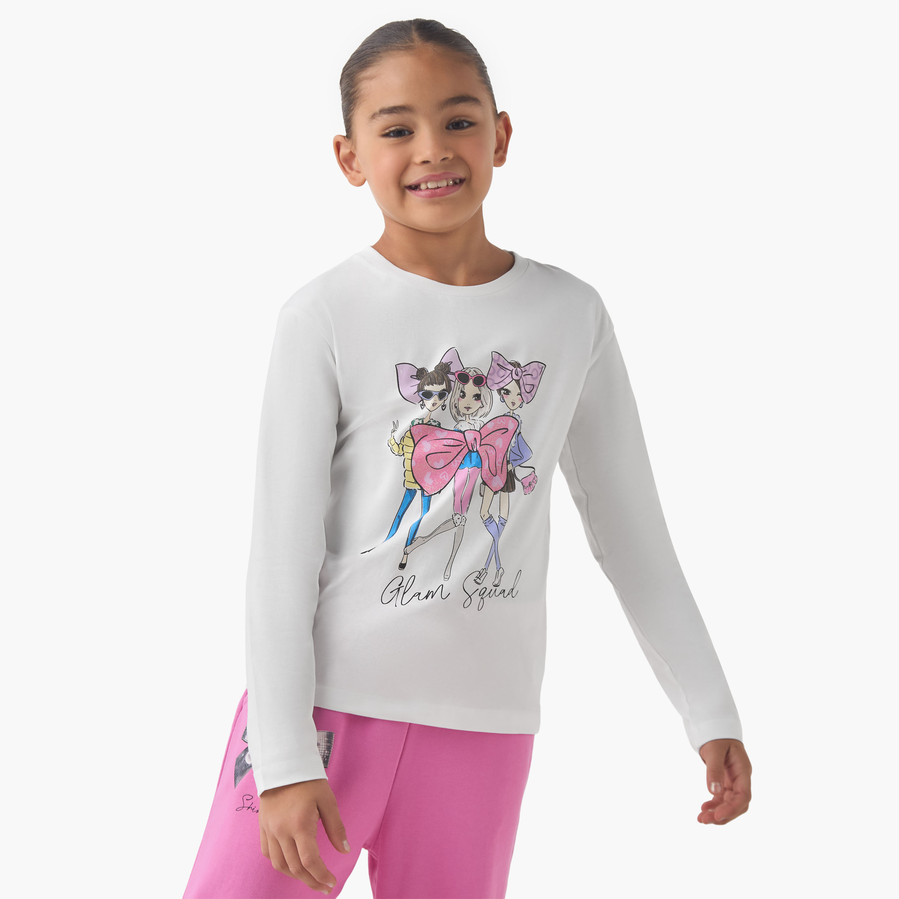 Juniors Girls Crew Neck T-shirt with Graphic Print - Cotton - Long Sleeves-girls-clothing-tshirts-image-1