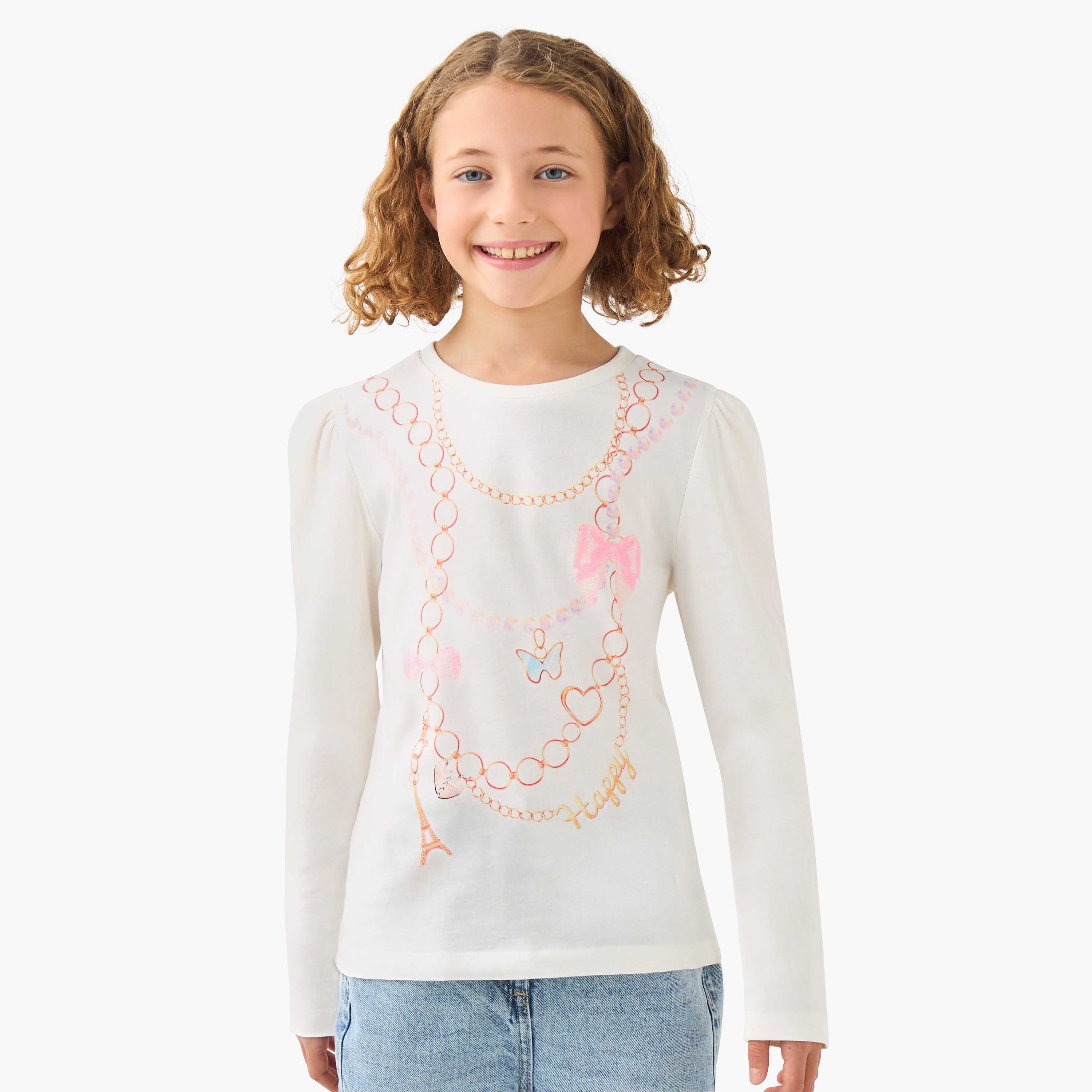 Juniors Girls Crew Neck T-shirt with Bow Print - Cotton - Long Sleeves-girls-clothing-tshirts-image-1