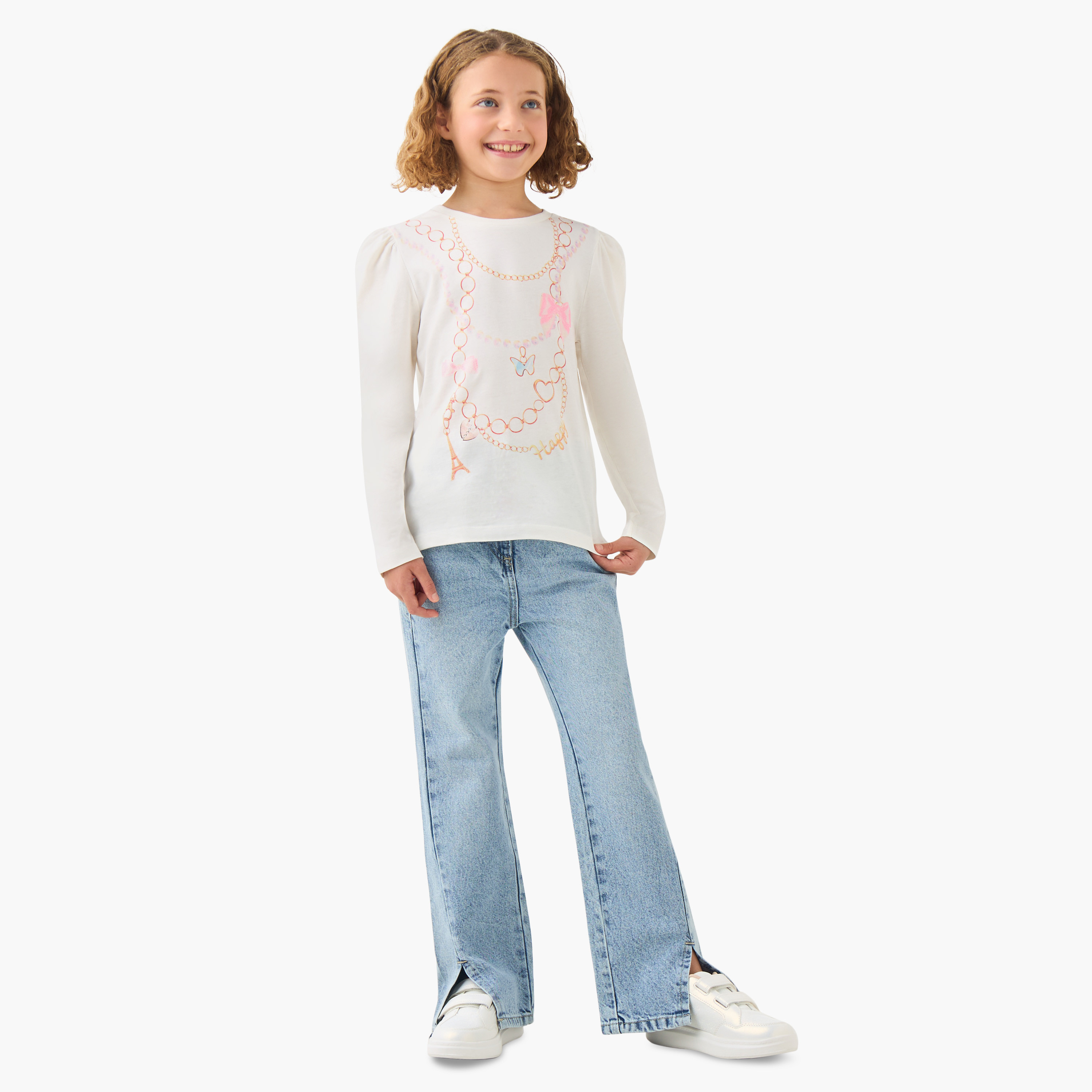 Juniors Girls Crew Neck T-shirt with Bow Print - Cotton - Long Sleeves-girls-clothing-tshirts-image-2