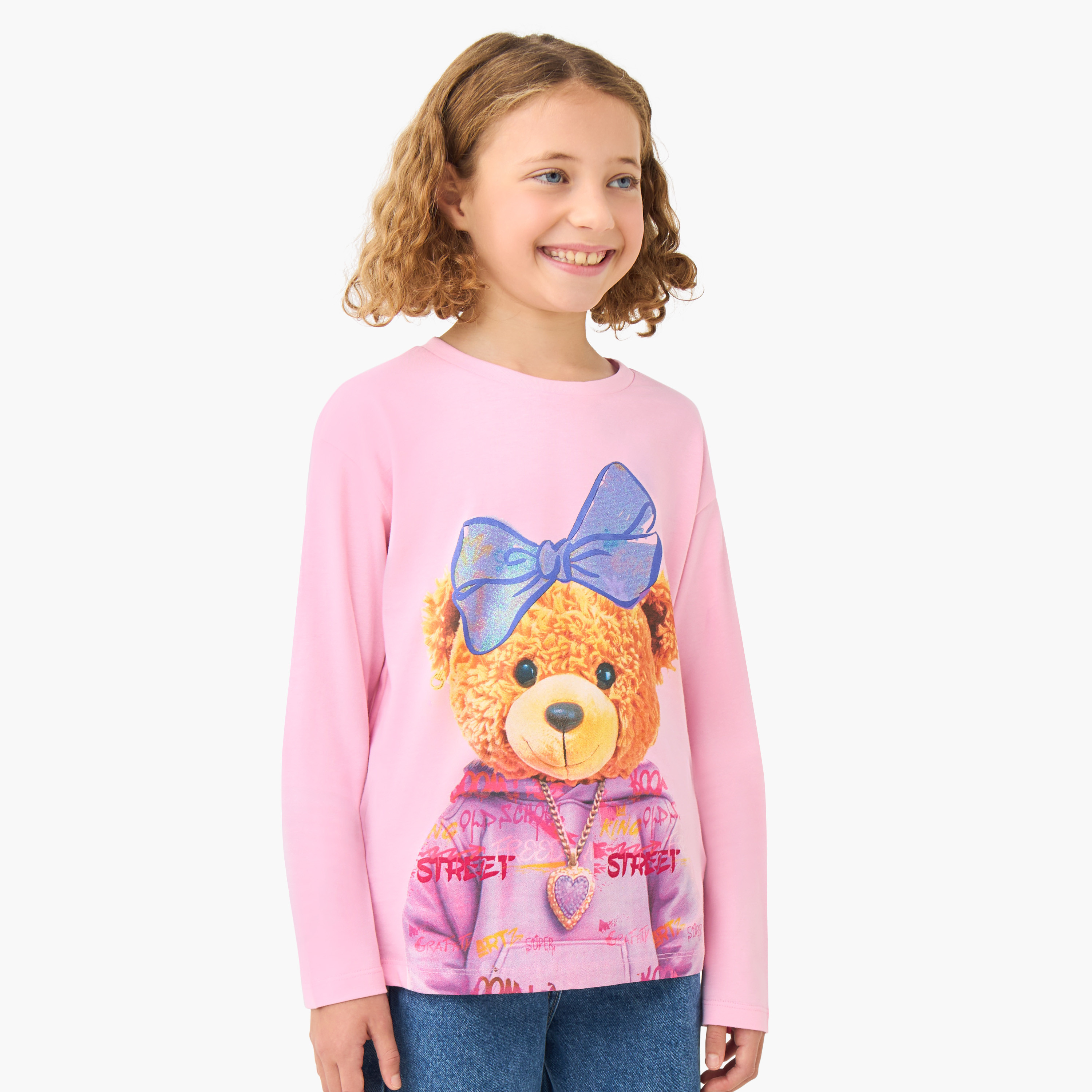 Juniors Girls Crew Neck T-shirt with Bear Print - Cotton - Long Sleeves-girls-clothing-tshirts-image-1
