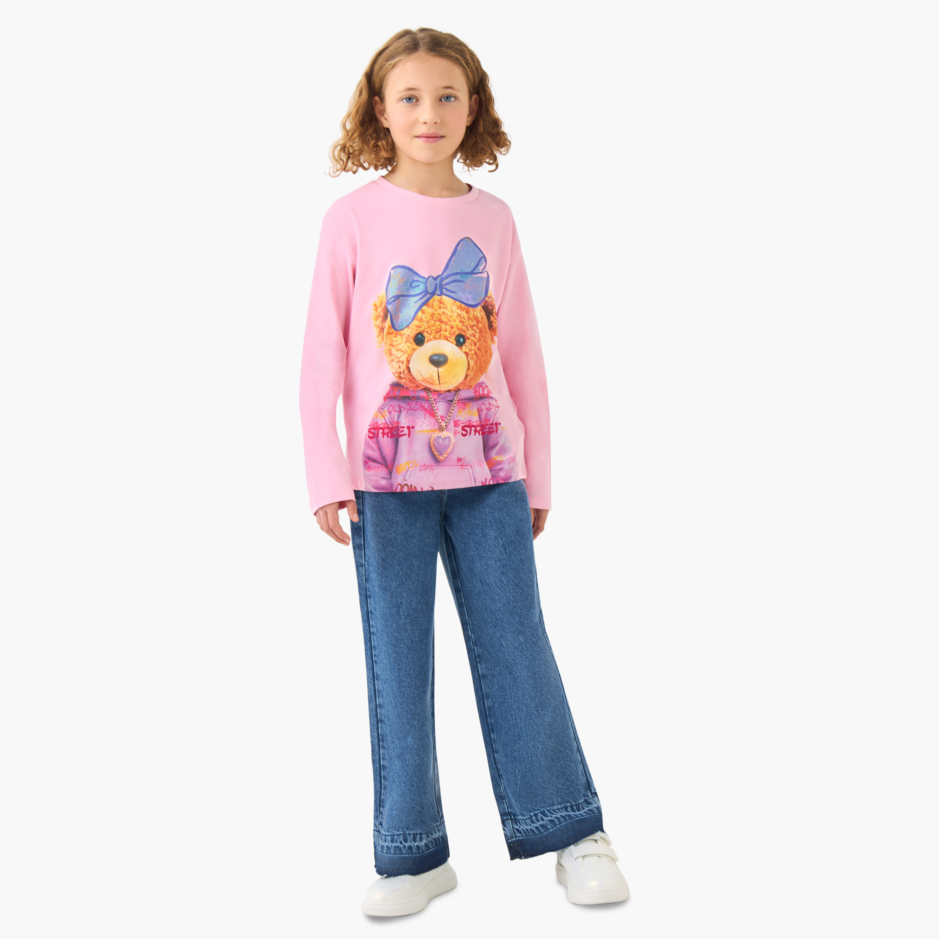 Juniors Girls Crew Neck T-shirt with Bear Print - Cotton - Long Sleeves-girls-clothing-tshirts-image-2