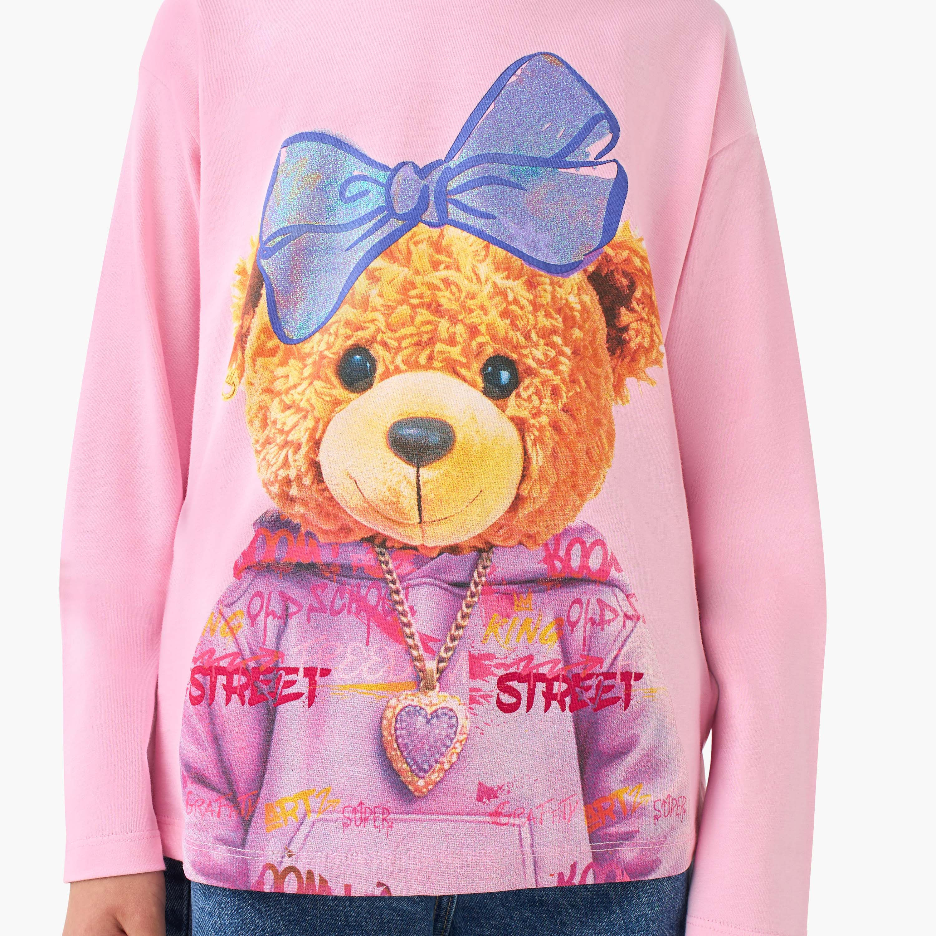 Juniors Girls Crew Neck T-shirt with Bear Print - Cotton - Long Sleeves-girls-clothing-tshirts-image-5