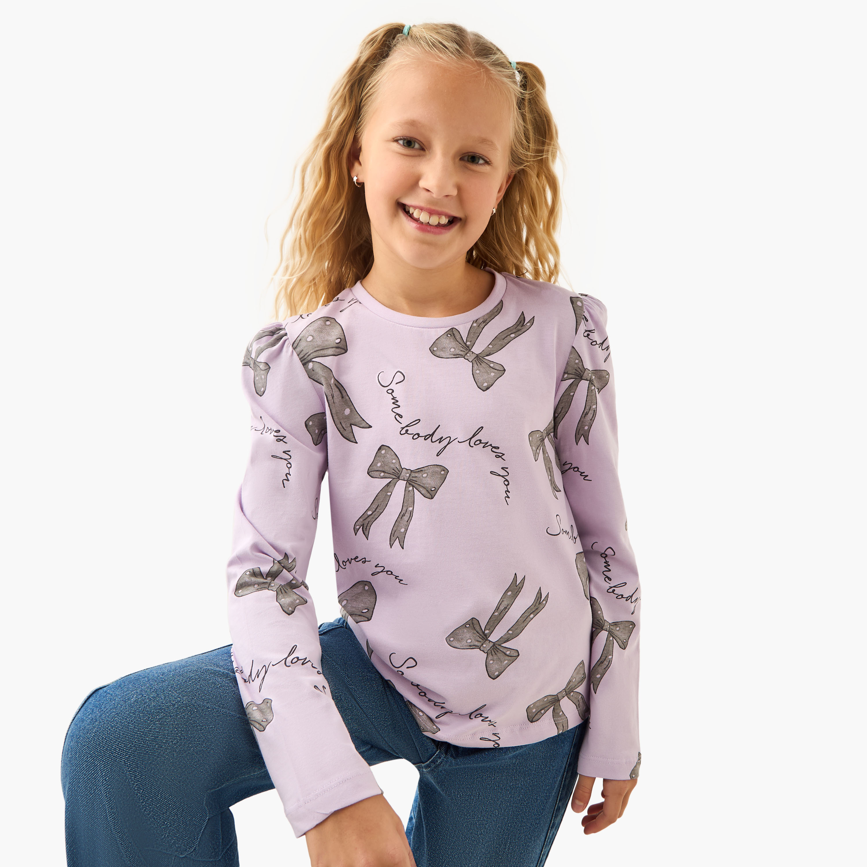 Juniors Girls Crew Neck T-shirt with Bow Print - Cotton - Long Sleeves-girls-clothing-tshirts-image-1
