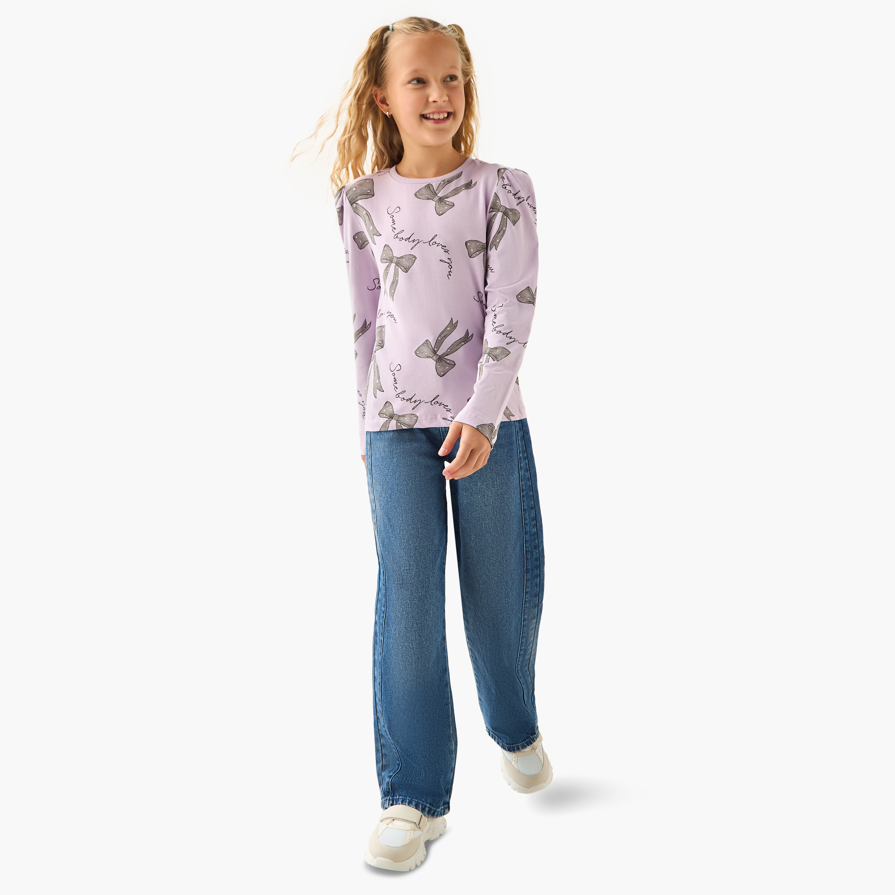 Juniors Girls Crew Neck T-shirt with Bow Print - Cotton - Long Sleeves-girls-clothing-tshirts-image-2