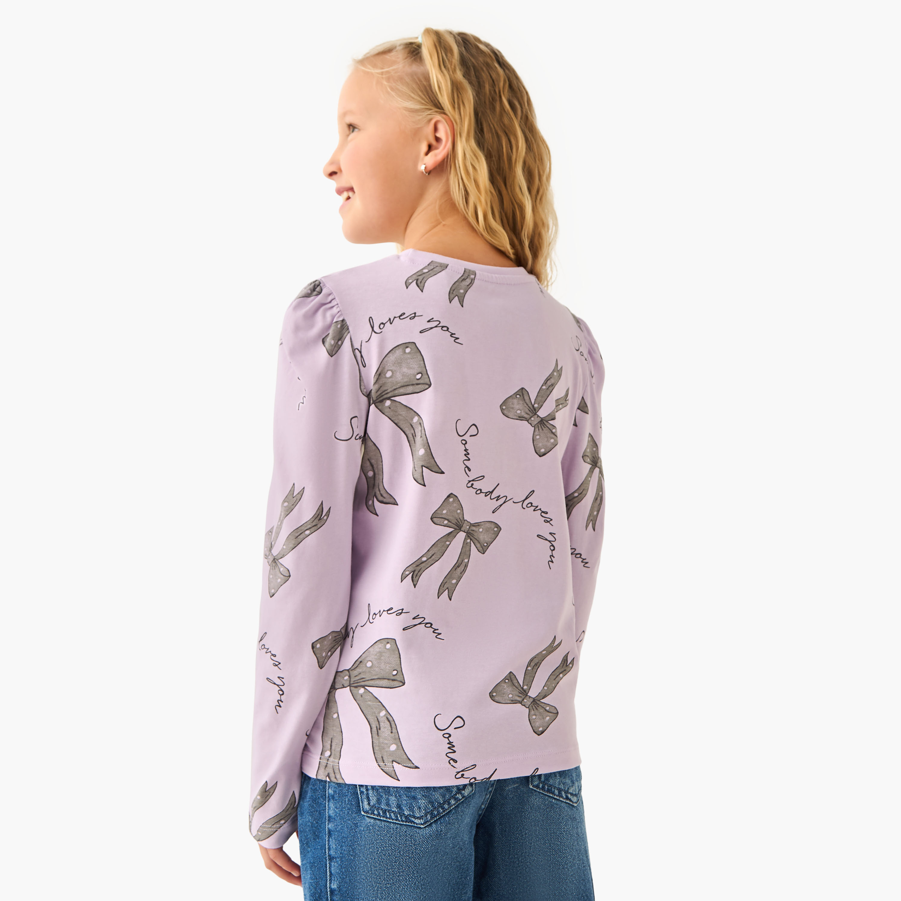 Juniors Girls Crew Neck T-shirt with Bow Print - Cotton - Long Sleeves-girls-clothing-tshirts-image-3