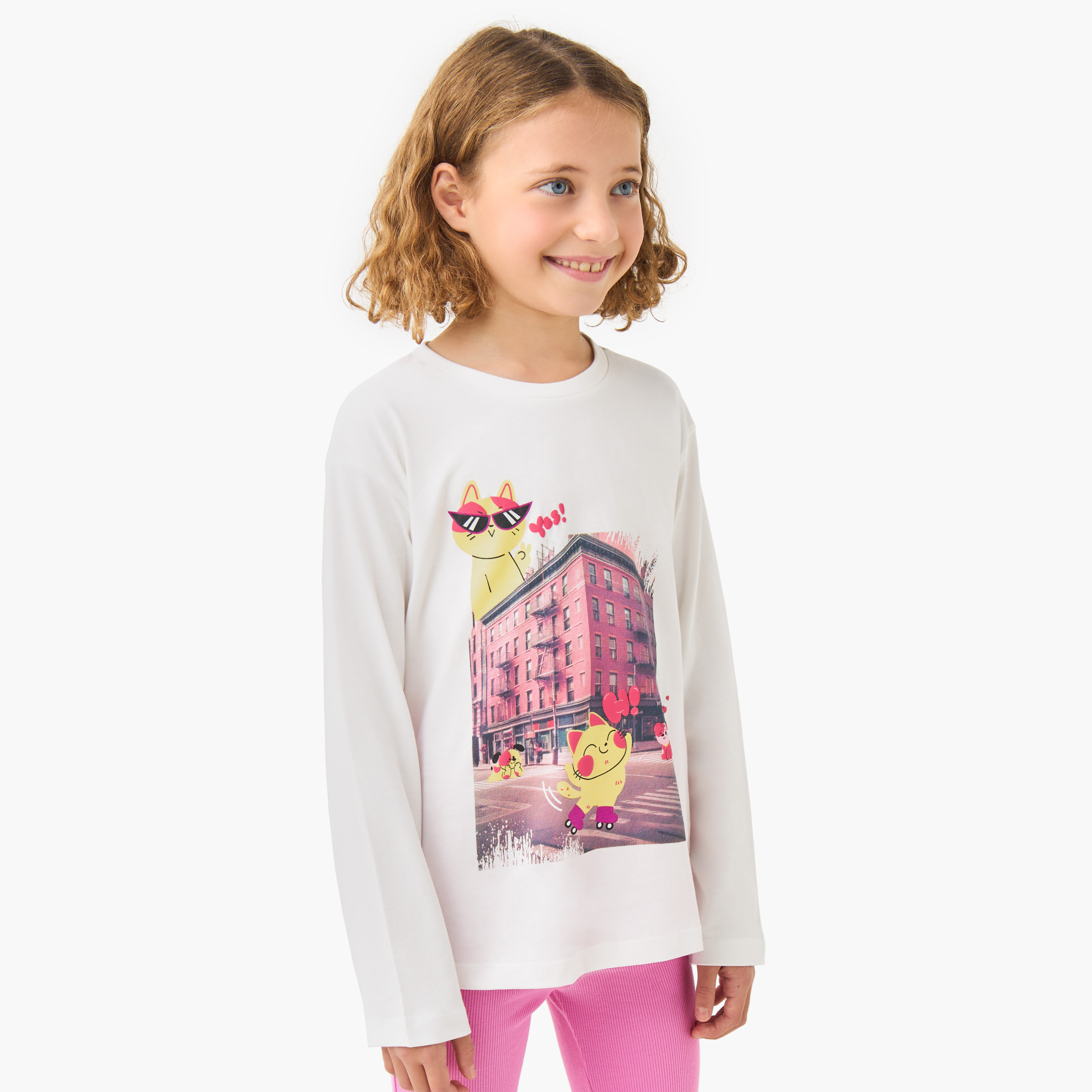 Juniors Girls Crew Neck T-shirt with Graphic Print - Cotton - Long Sleeves-girls-clothing-tshirts-image-1