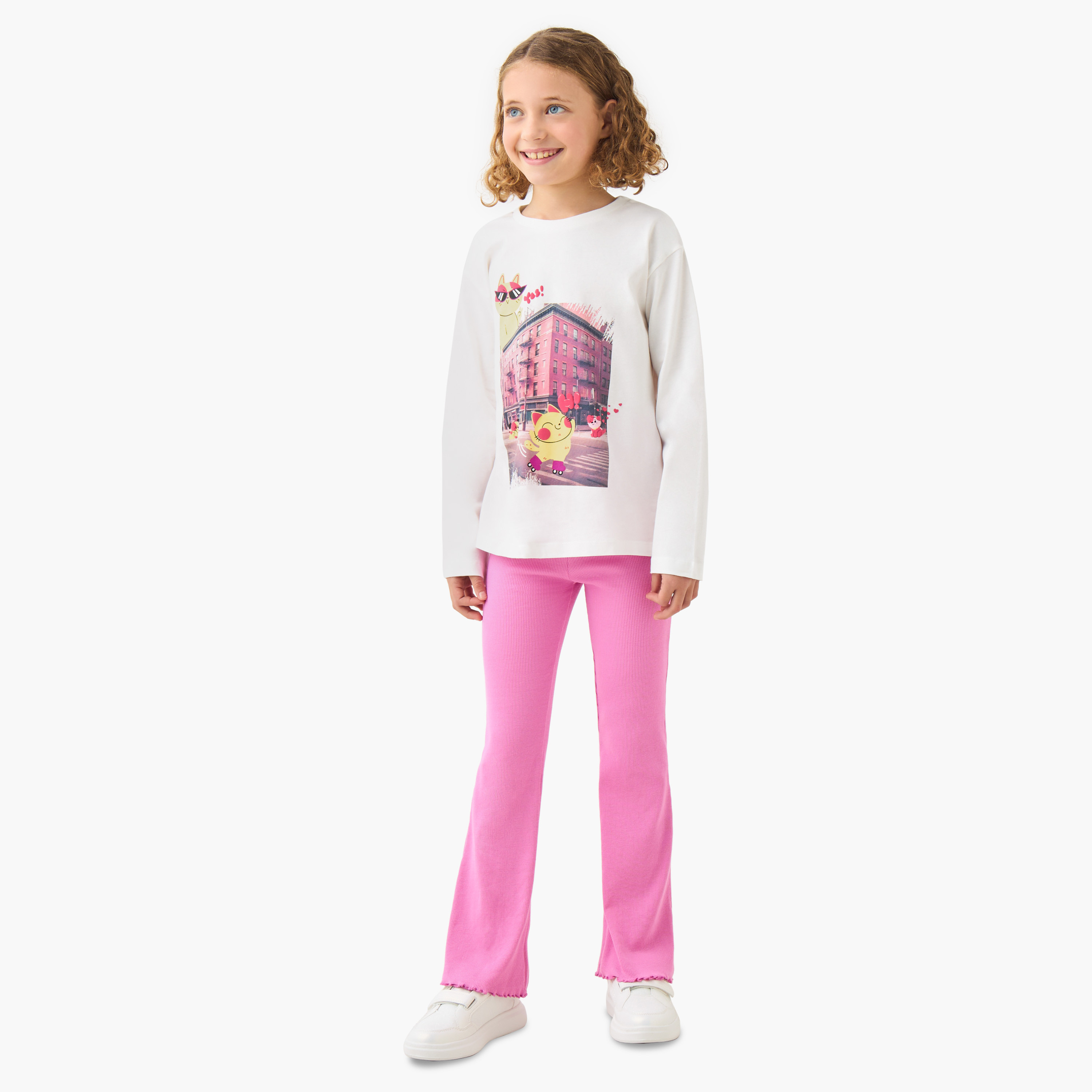 Juniors Girls Crew Neck T-shirt with Graphic Print - Cotton - Long Sleeves-girls-clothing-tshirts-image-2