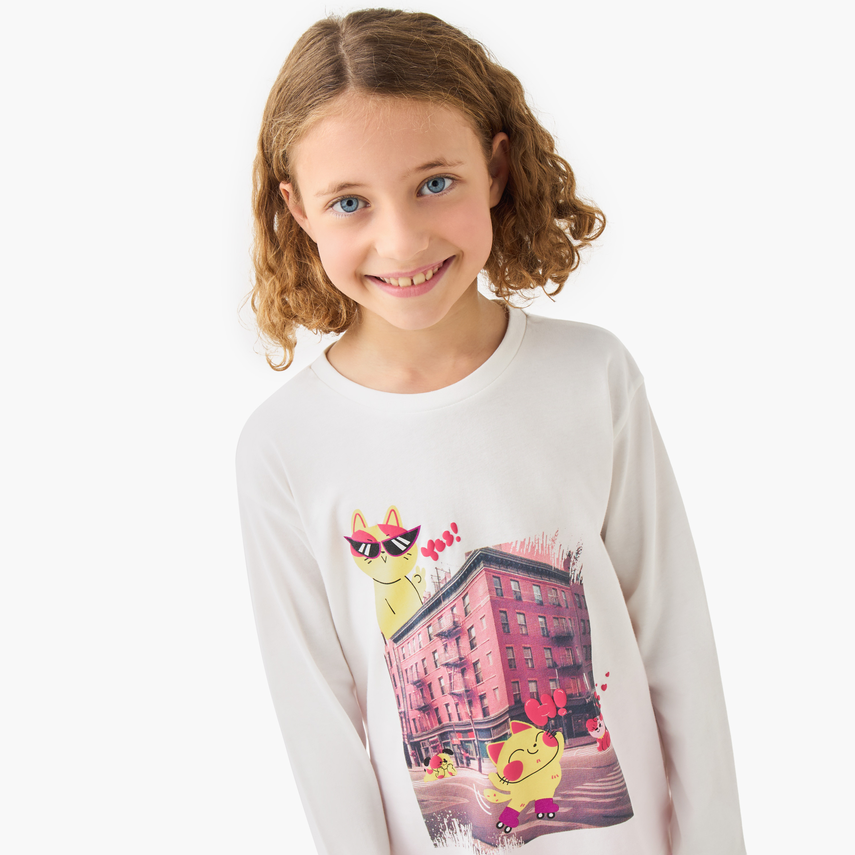 Juniors Girls Crew Neck T-shirt with Graphic Print - Cotton - Long Sleeves-girls-clothing-tshirts-image-4