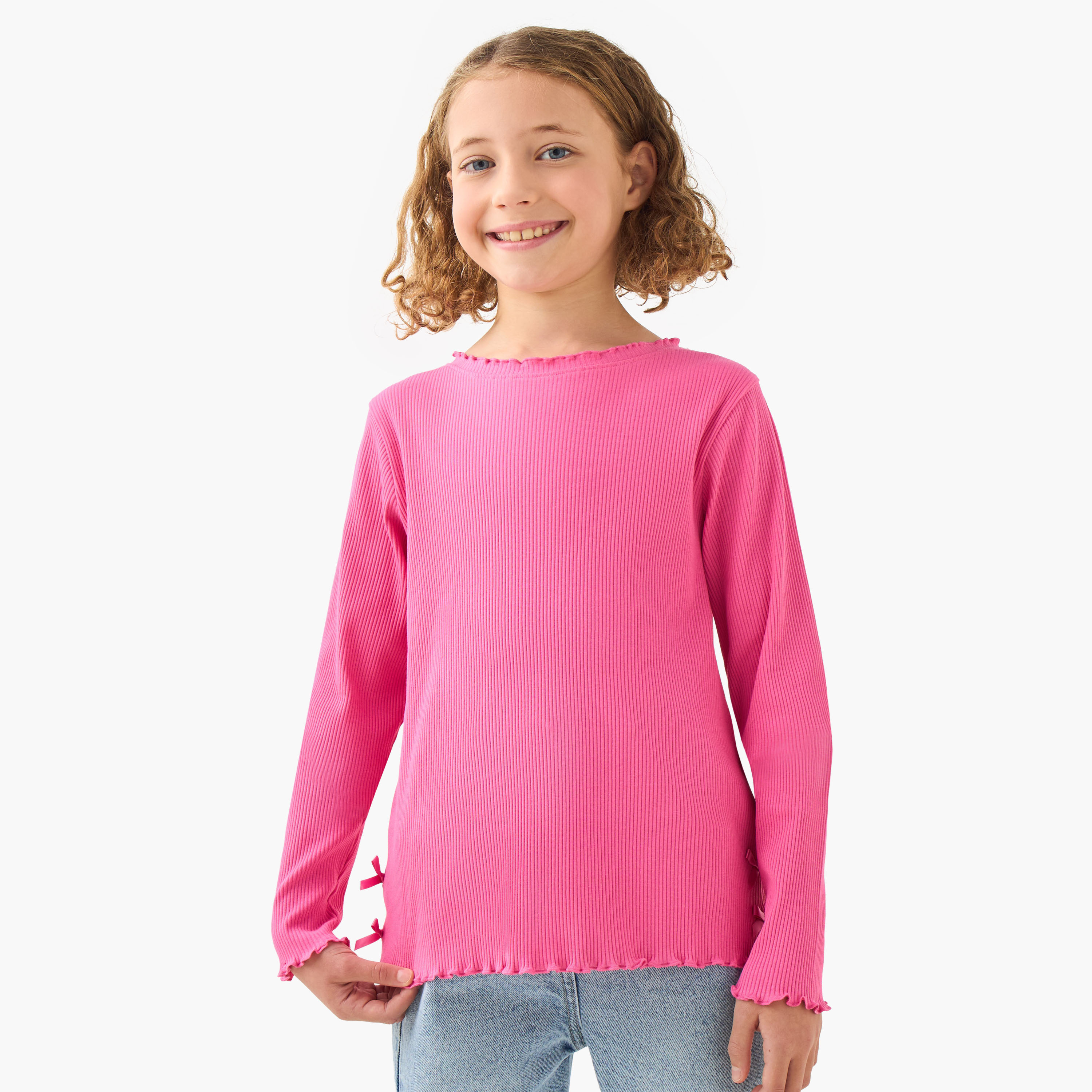 Juniors Girls Crew Neck T-shirt with Ribbed Texture - Cotton - Long Sleeves-girls-clothing-tshirts-image-1