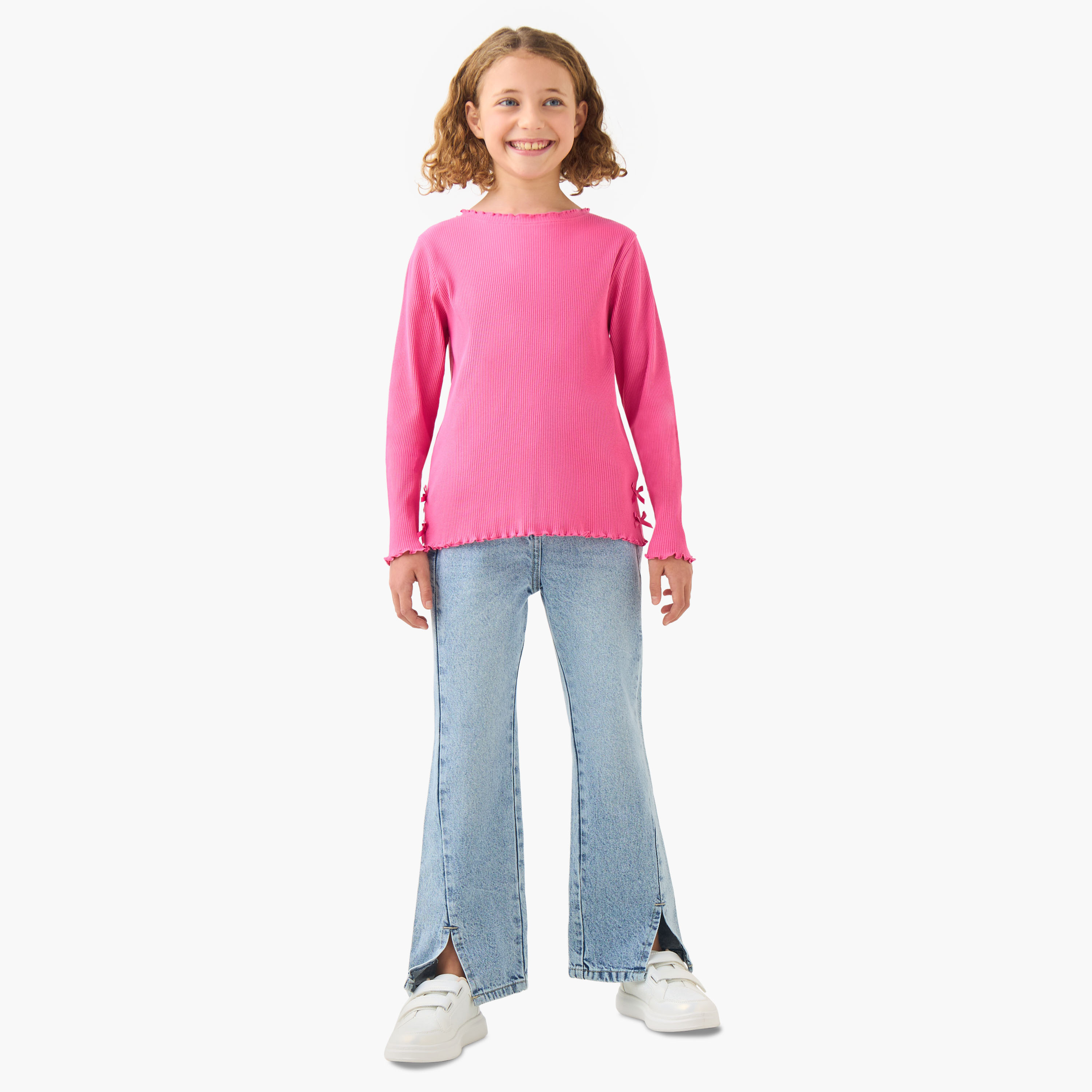 Juniors Girls Crew Neck T-shirt with Ribbed Texture - Cotton - Long Sleeves-girls-clothing-tshirts-image-2