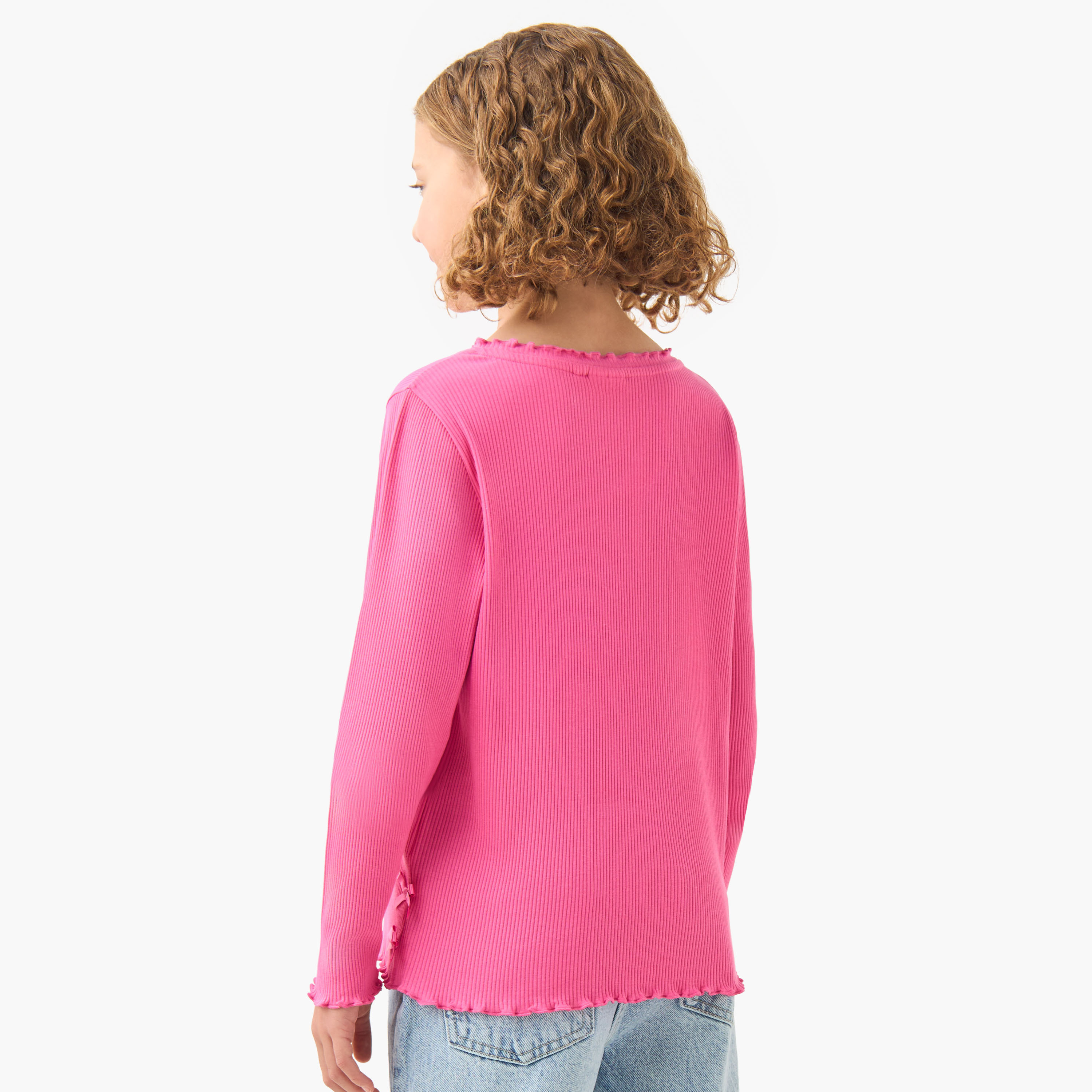 Juniors Girls Crew Neck T-shirt with Ribbed Texture - Cotton - Long Sleeves-girls-clothing-tshirts-image-3