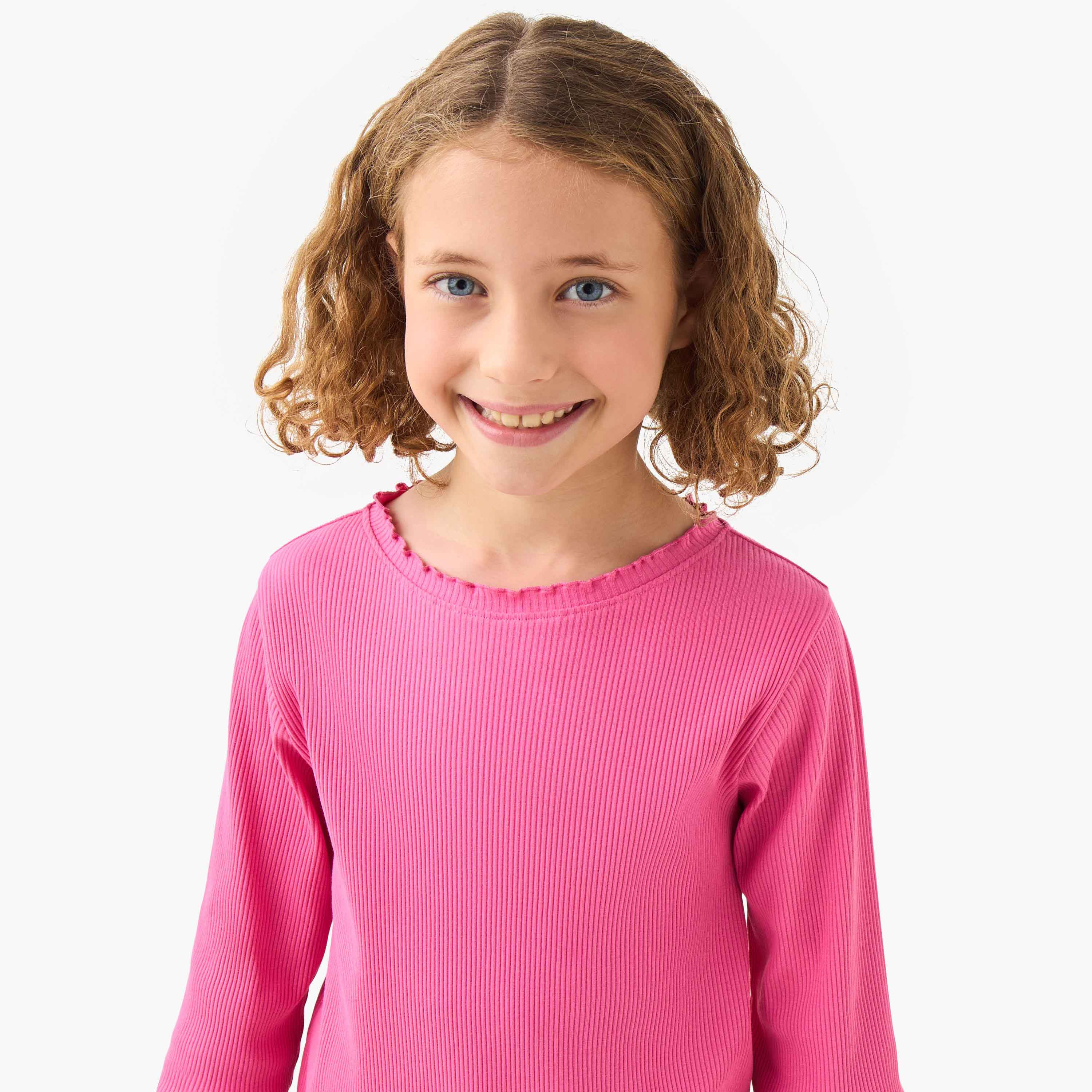 Juniors Girls Crew Neck T-shirt with Ribbed Texture - Cotton - Long Sleeves-girls-clothing-tshirts-image-4