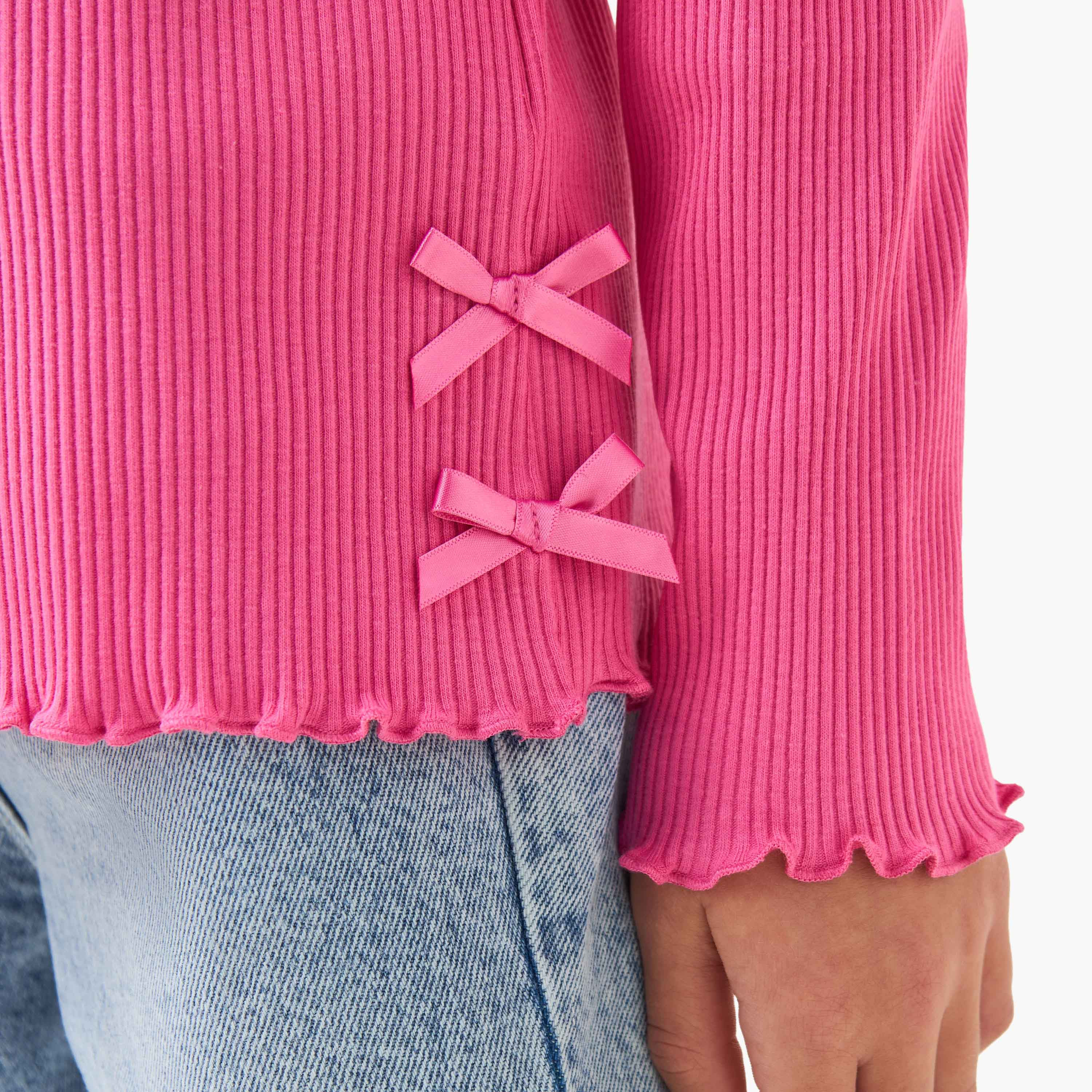 Juniors Girls Crew Neck T-shirt with Ribbed Texture - Cotton - Long Sleeves-girls-clothing-tshirts-image-5