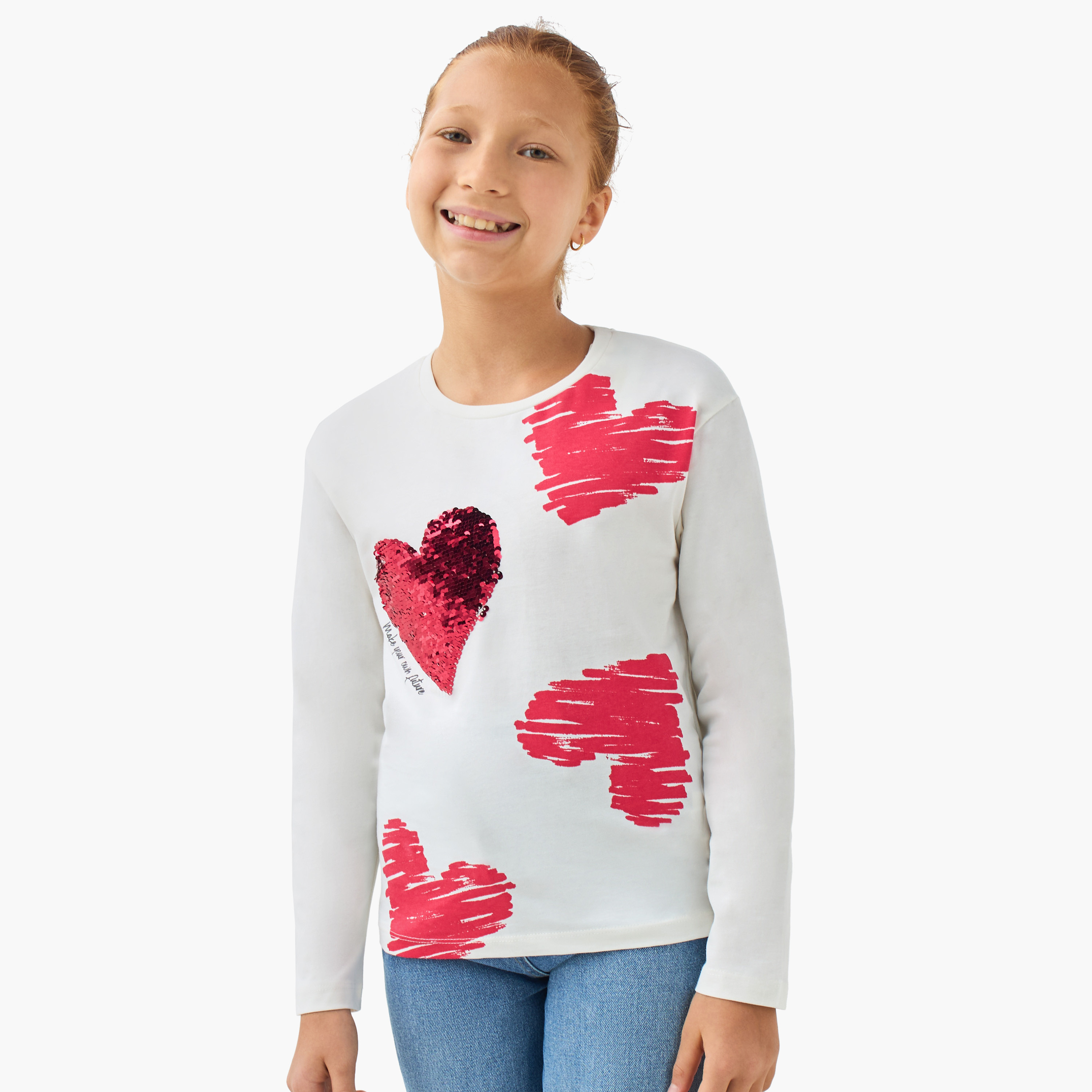 Juniors Girls Round Neck T-shirt with Sequin Embellishment - Cotton - Long Sleeves-girls-clothing-tshirts-image-1