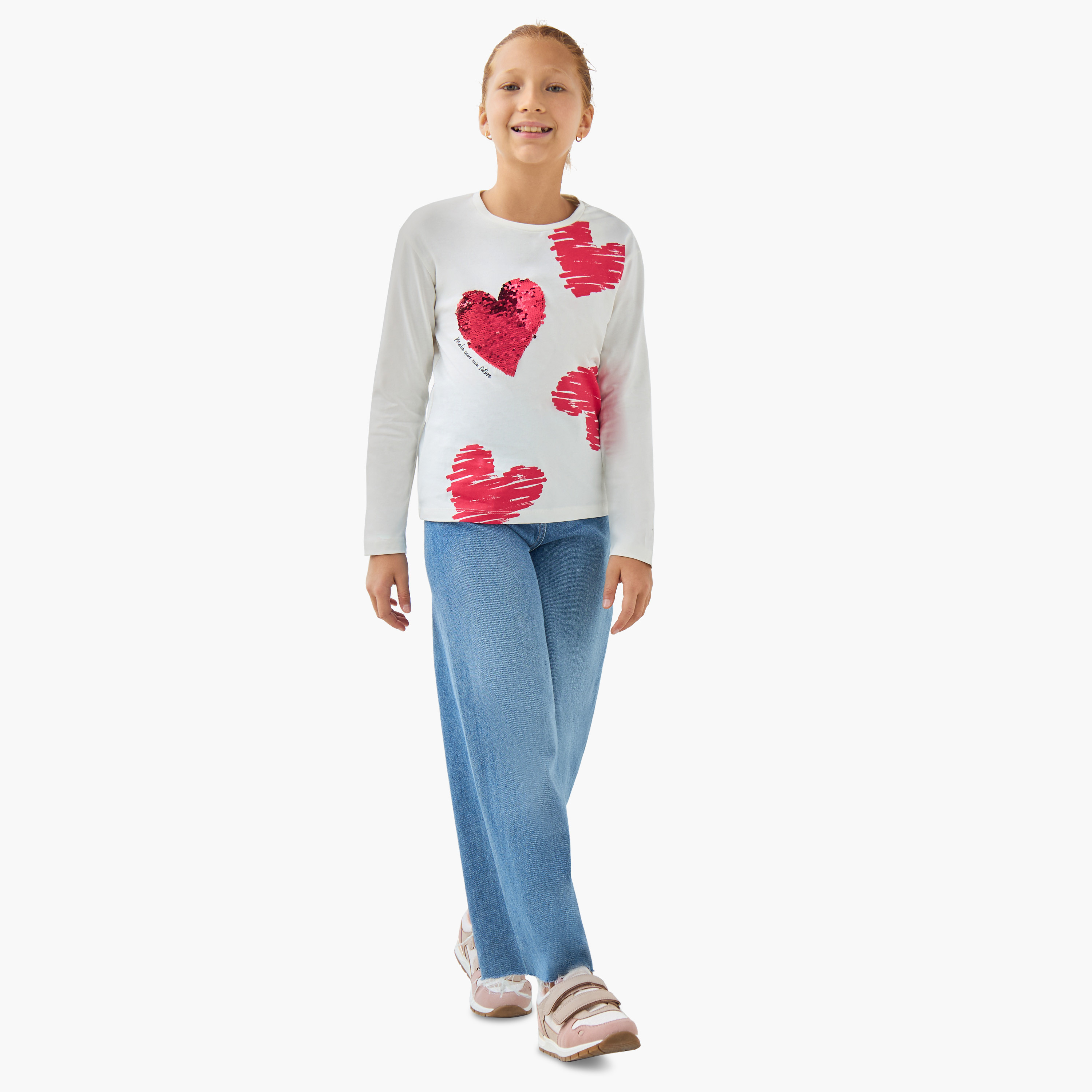 Juniors Girls Round Neck T-shirt with Sequin Embellishment - Cotton - Long Sleeves-girls-clothing-tshirts-image-2