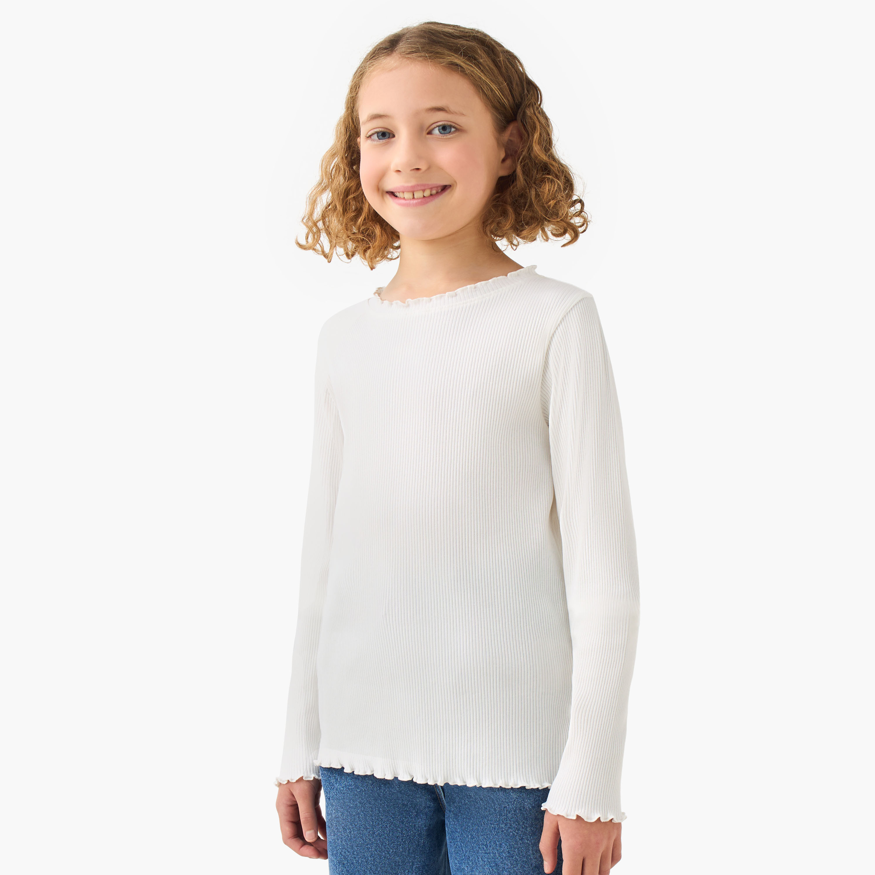 Juniors Girls Crew Neck T-shirt with Ribbed Texture - Cotton - Long Sleeves-girls-clothing-tshirts-image-1