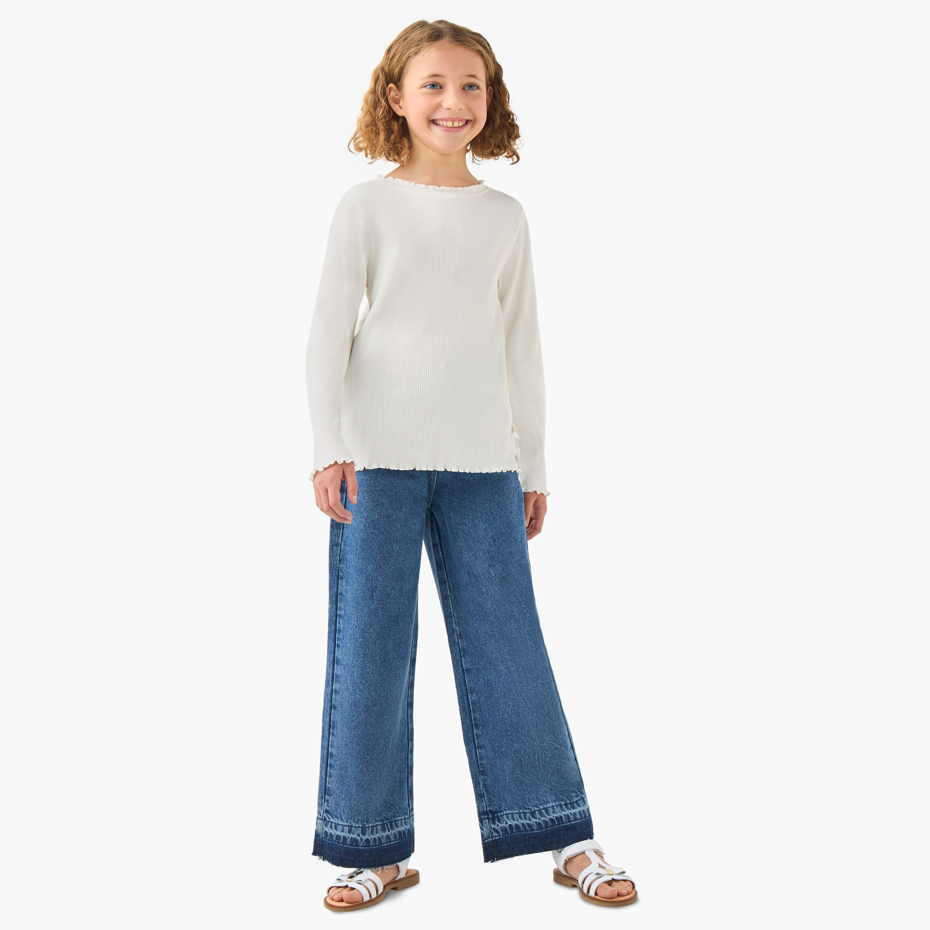 Juniors Girls Crew Neck T-shirt with Ribbed Texture - Cotton - Long Sleeves-girls-clothing-tshirts-image-2