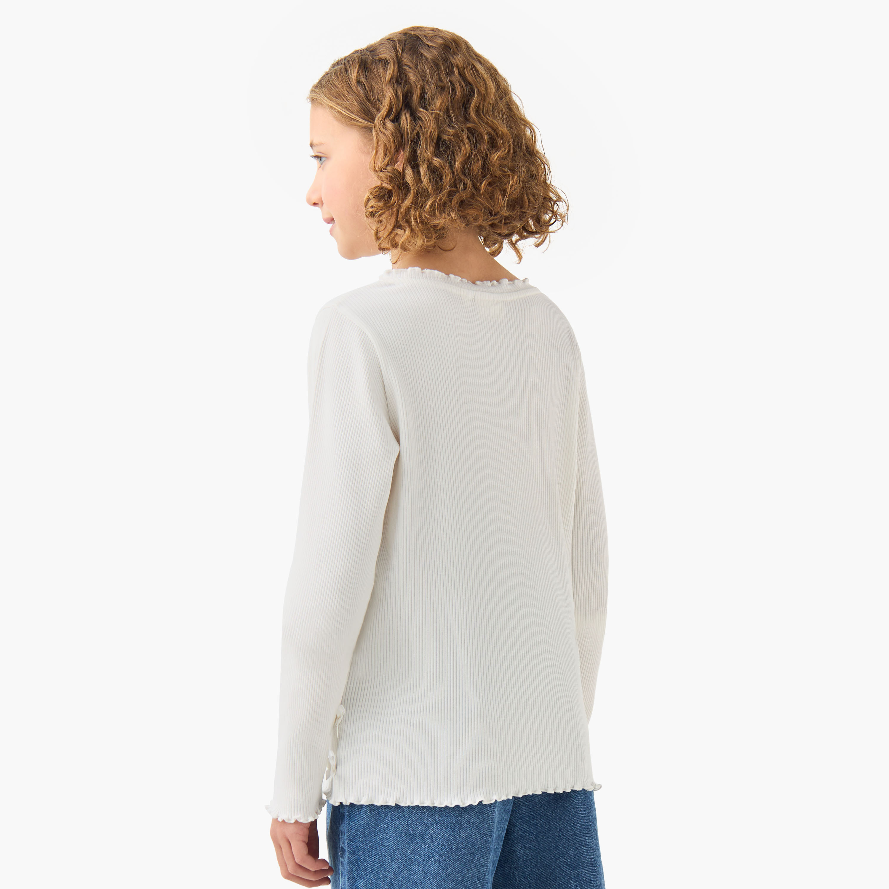 Juniors Girls Crew Neck T-shirt with Ribbed Texture - Cotton - Long Sleeves-girls-clothing-tshirts-image-3