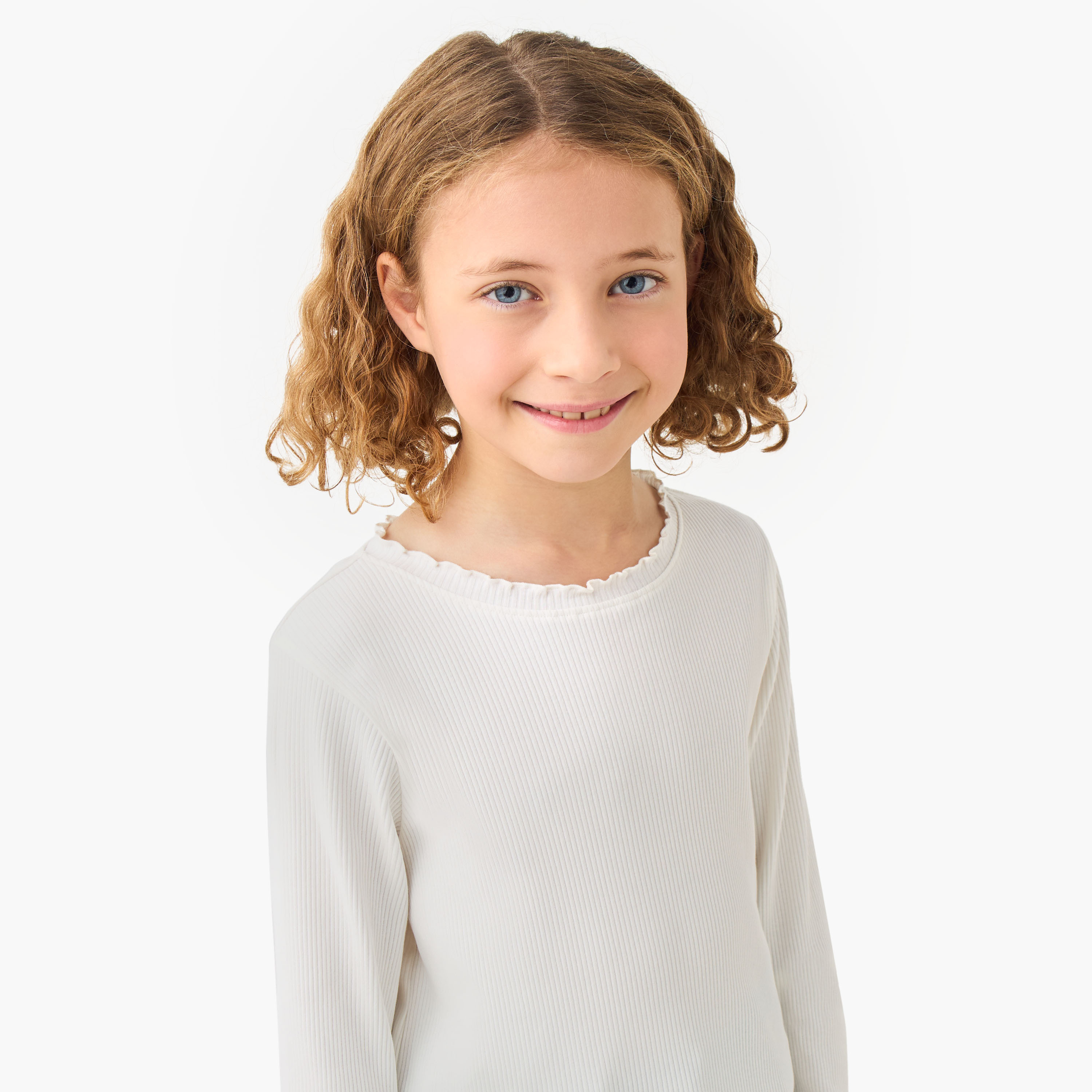 Juniors Girls Crew Neck T-shirt with Ribbed Texture - Cotton - Long Sleeves-girls-clothing-tshirts-image-4