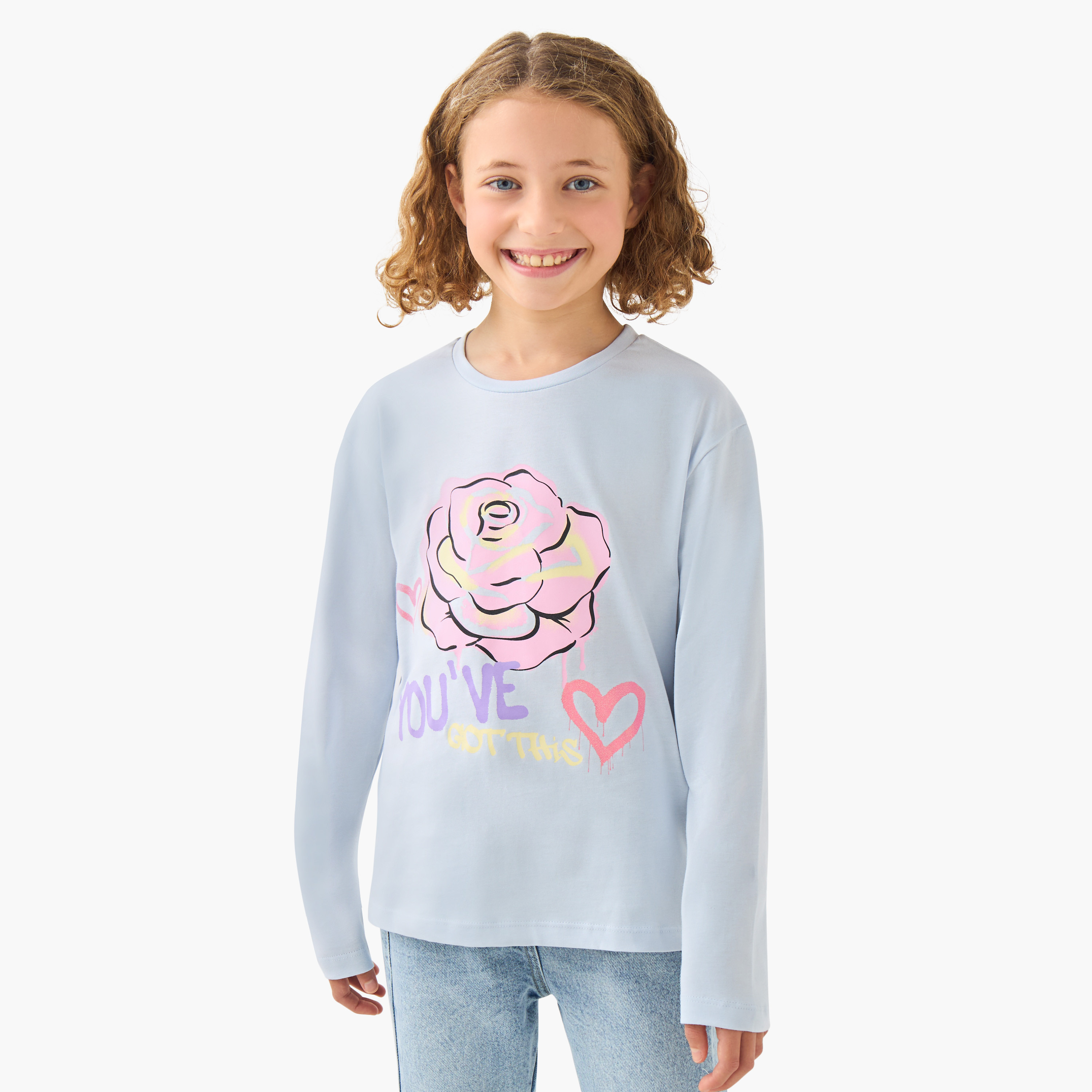 Juniors Girls Crew Neck T-shirt with Rose Print - Cotton - Long Sleeves-girls-clothing-tshirts-image-1